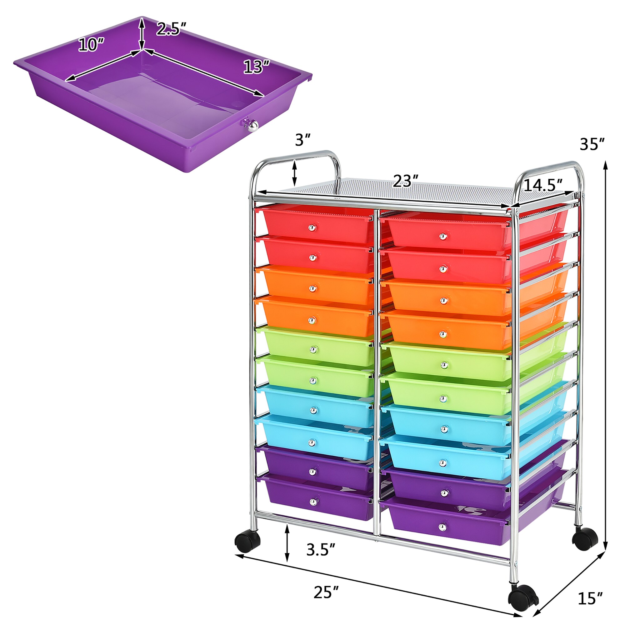 Costway Stainless Steel Base with Plastic Metal Top Rolling Kitchen Cart (15-in x 25-in x 35-in)