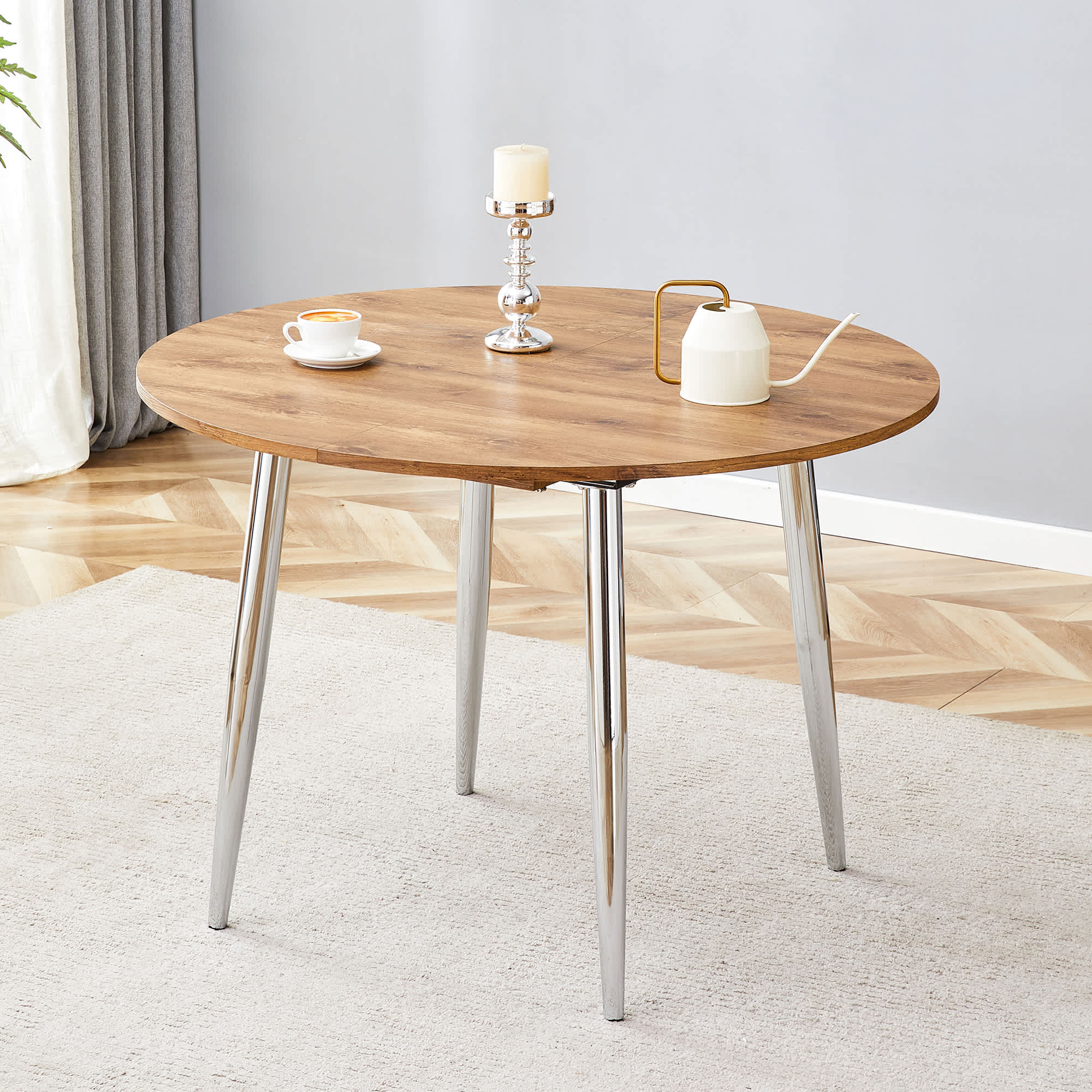 Vynxaria -  Round Extendable Dining Table Wood Grain MDF Tabletop Silver Metal Legs Modern Style ...