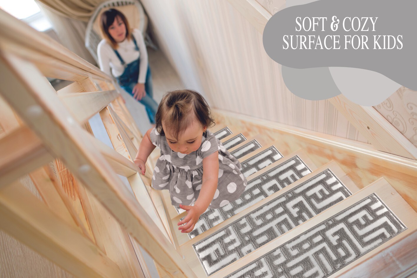 THE SOFIA RUGS Grey/White 9 in. x 28 in. Non-Slip Stair Treads