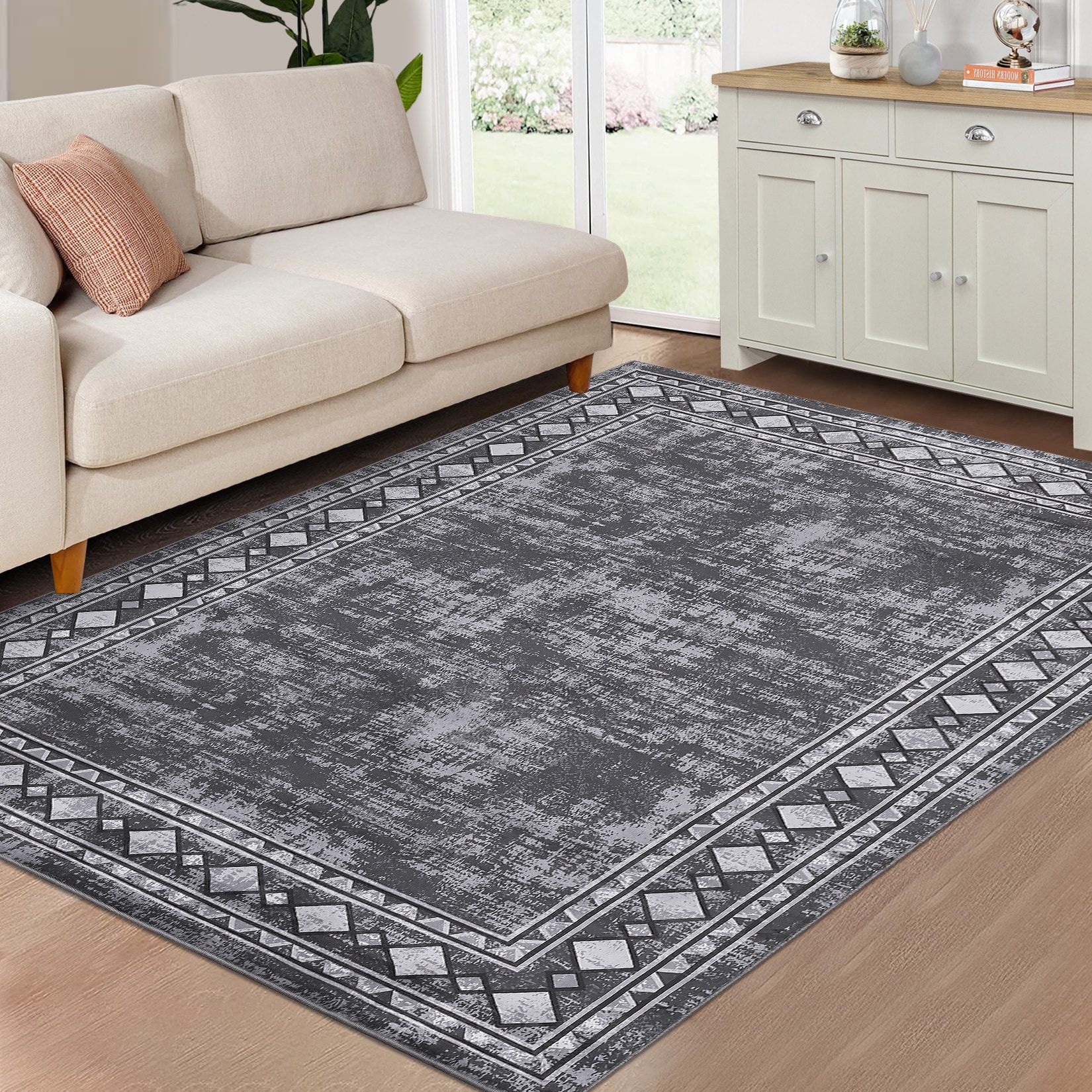 Garvee YXY-LO-PHO-0ZW7HZE8 9 x 12 (ft) Synthetic Gray Rectangular Indoor Border Mid-Century Modern Machine washable Area rug