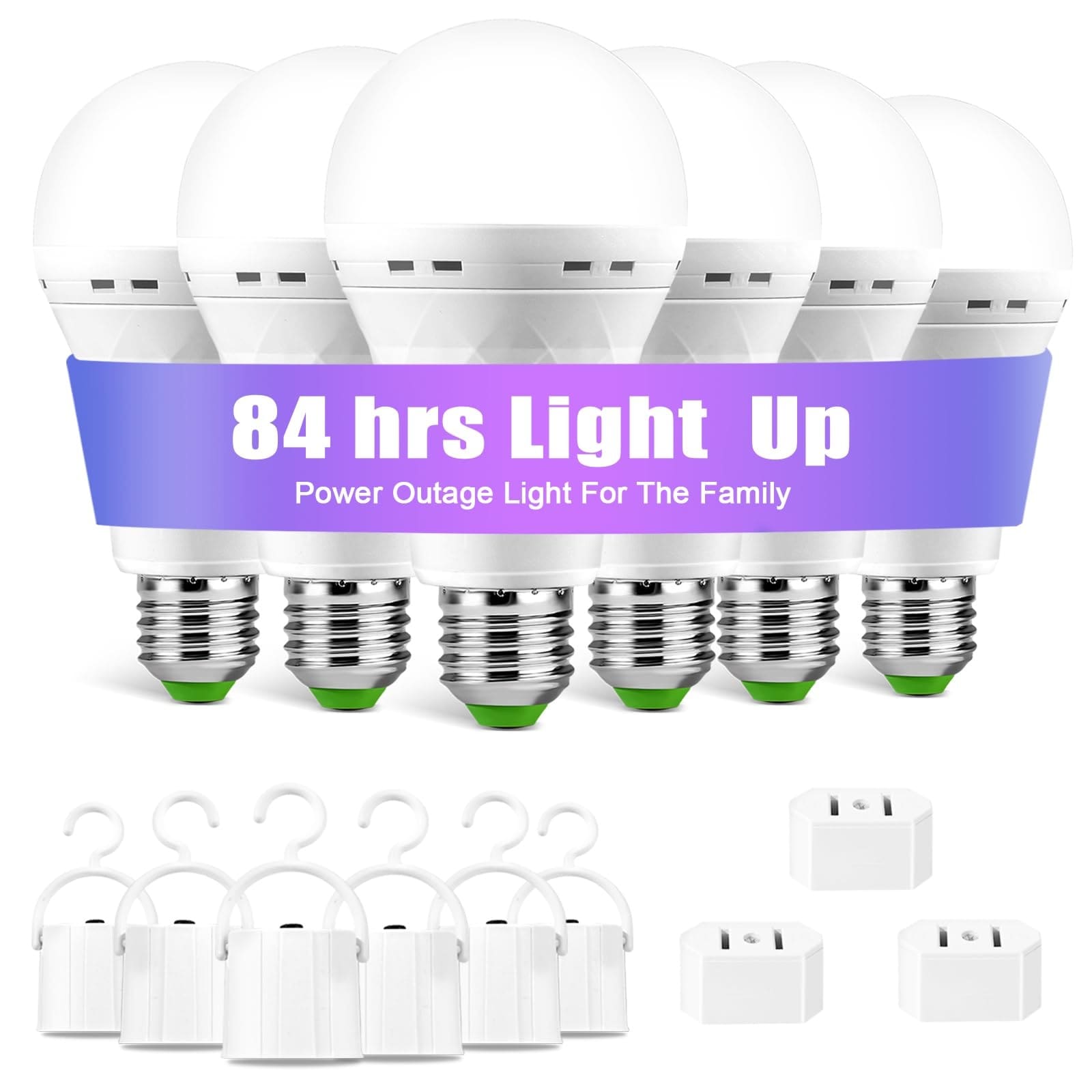 AOIZGMY   6 Pack Emergency Rechargeable LED Light Bulbs 12W 6000K 850 Lumens E27 E26 Base Stays Lit During Power Outage Includes Hook and Plug Cap