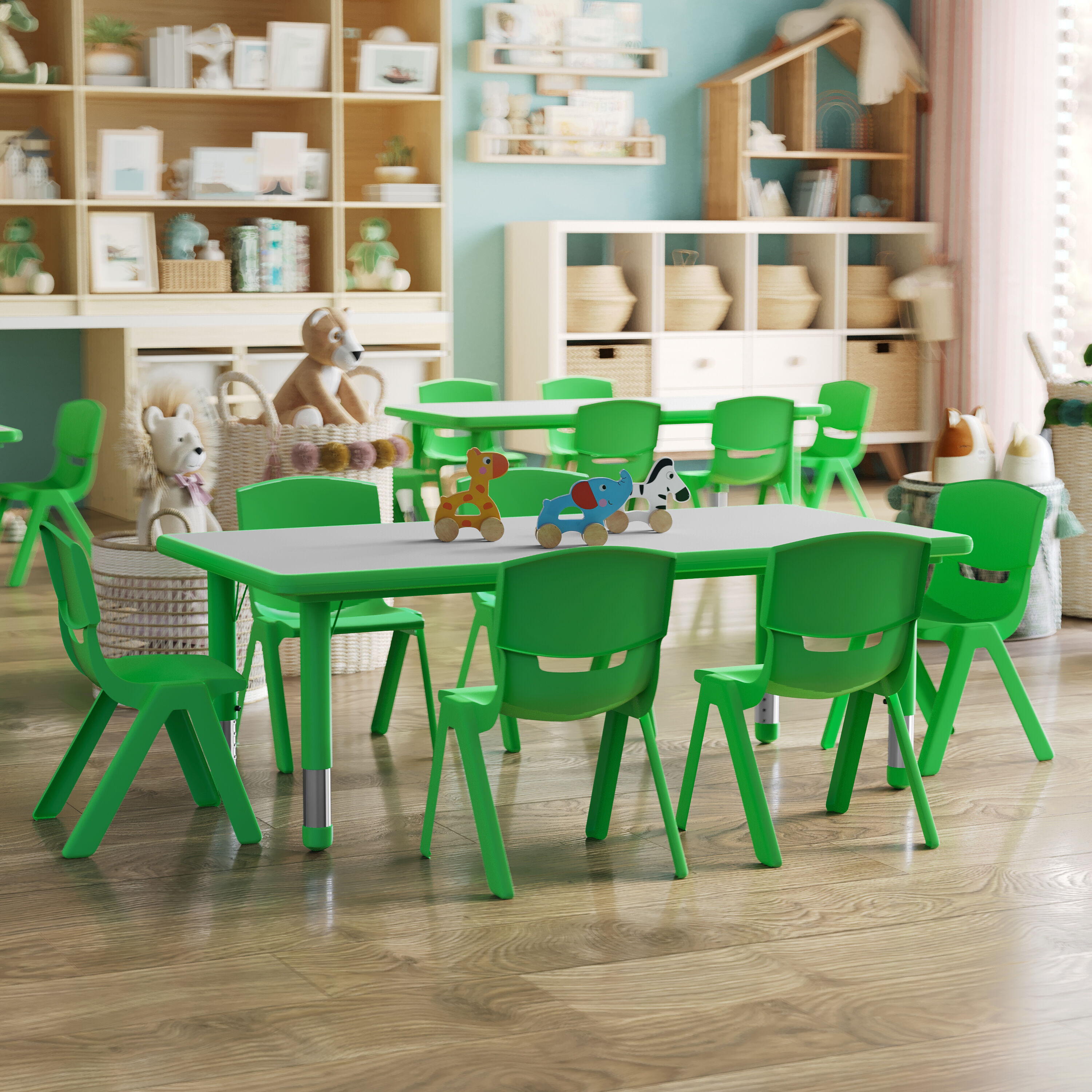 Emma + Oliver - 23.625-in W x 47.25-in L Green Plastic Activity Table Set-6 Chairs