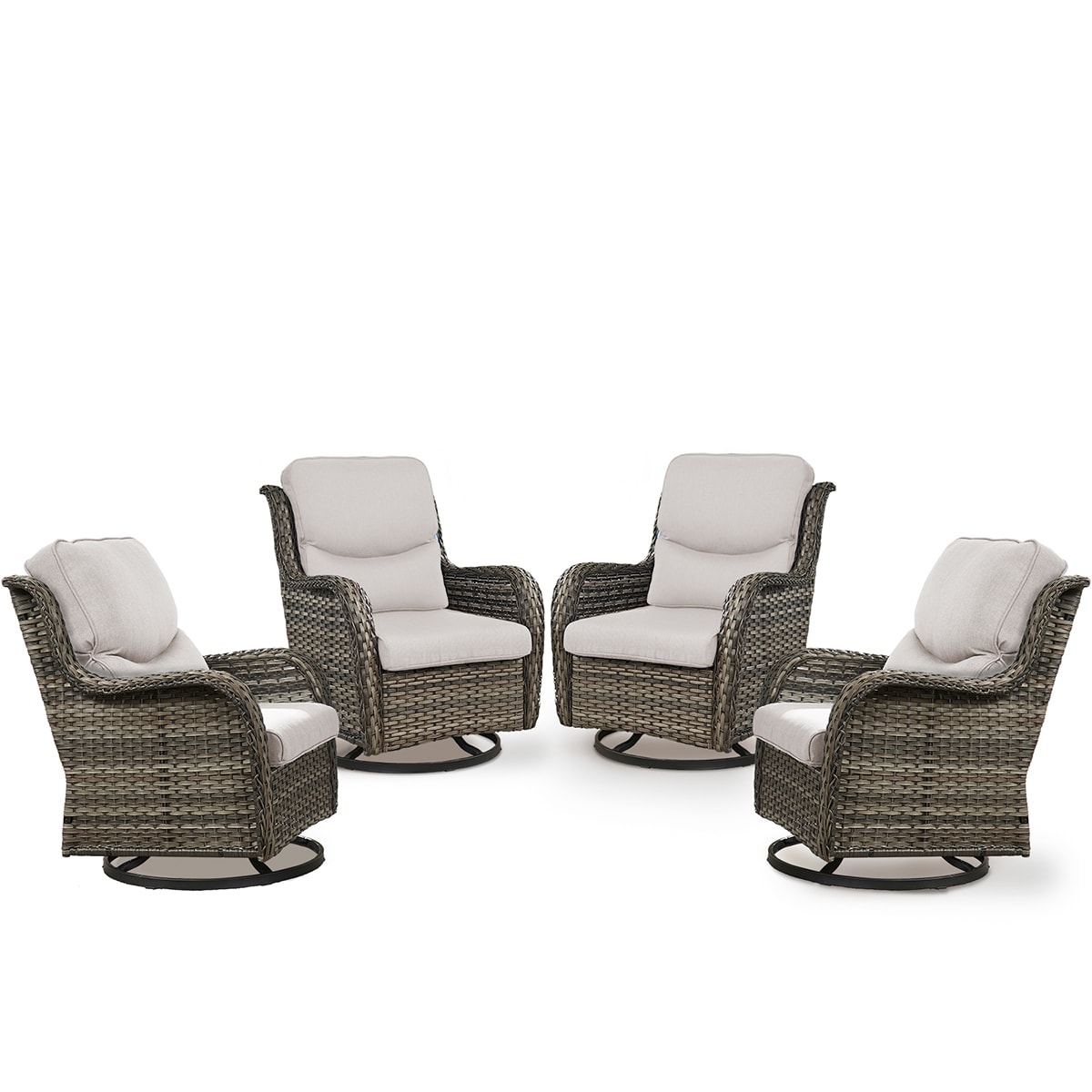 Rilyson FS024XLX2-3 Smiley Set of 4 Wicker Gray Wicker Frame Swivel glider Conversation Chair with Gray Beige Cushioned Seat