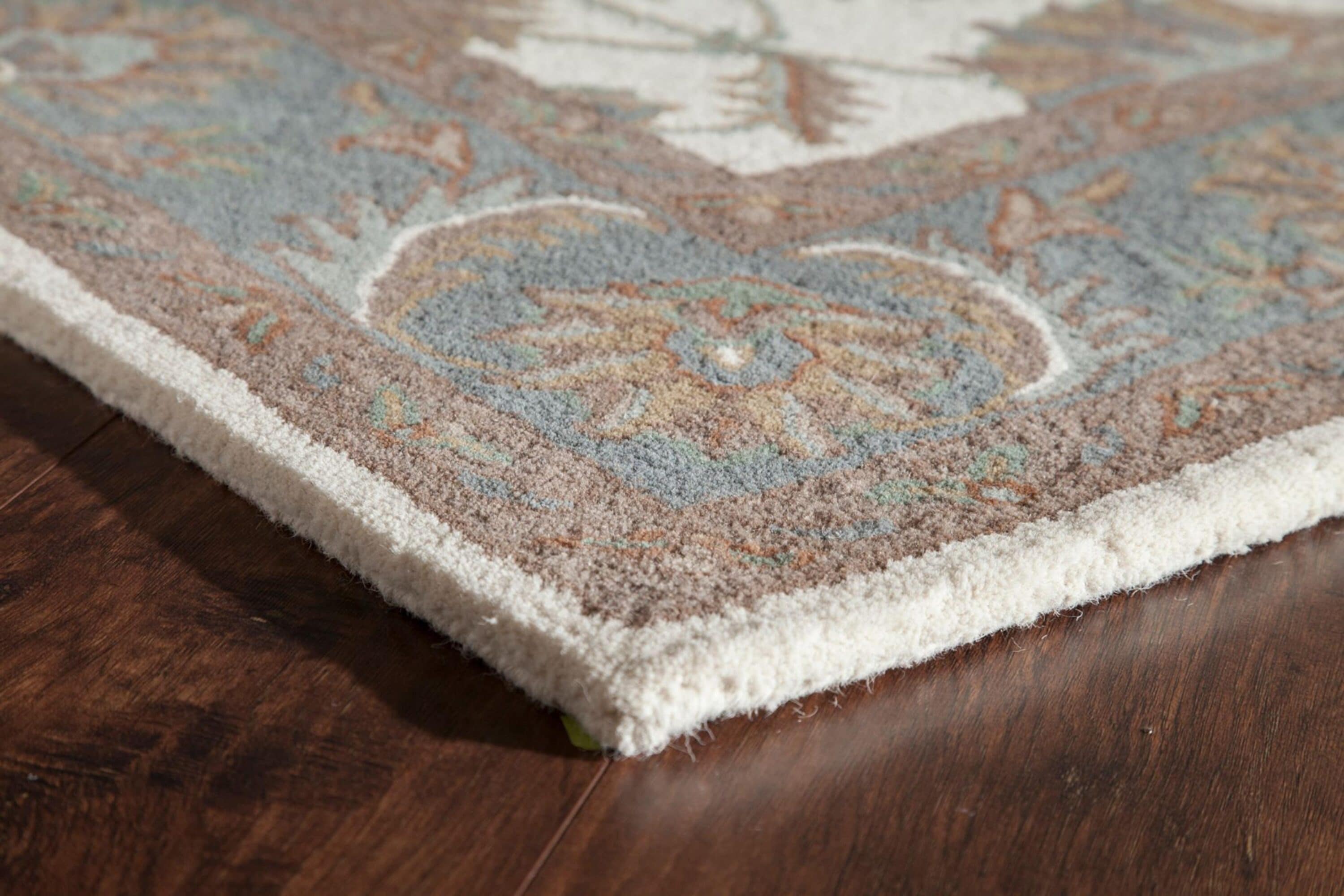 Ivory and Light Blue Handmade Wool Oriental Rug, 2' x 4'