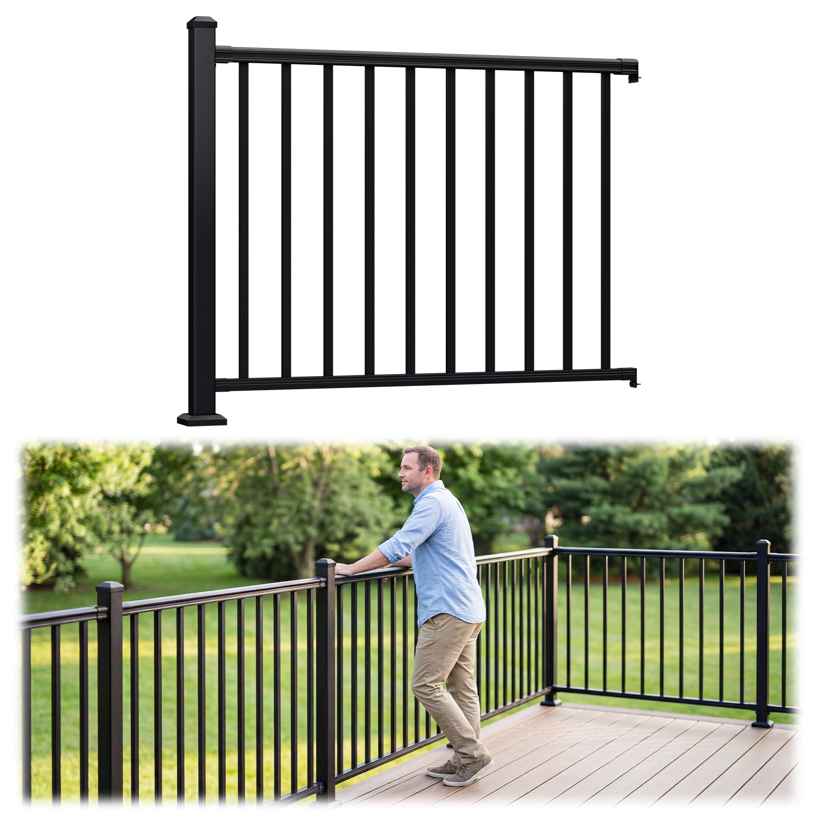 Anqtovp -  42 in H x 4 ft W Aluminum Porch and Deck Railing Kit Black Textured Powder Coat Finish...