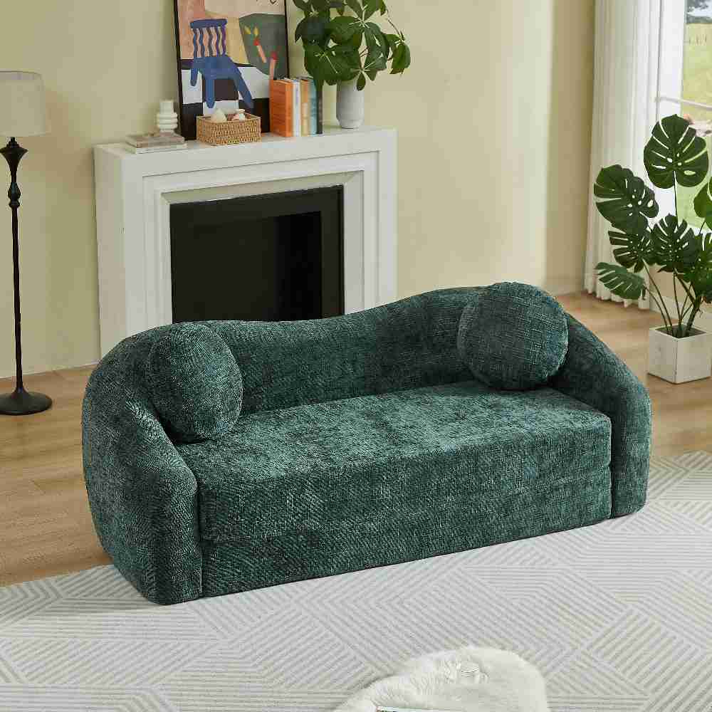 Coolbibila - 86-inch 2 in 1 Curved Convertible Sofa Bed Green Chenille Pull-Out Loveseat with Dee...