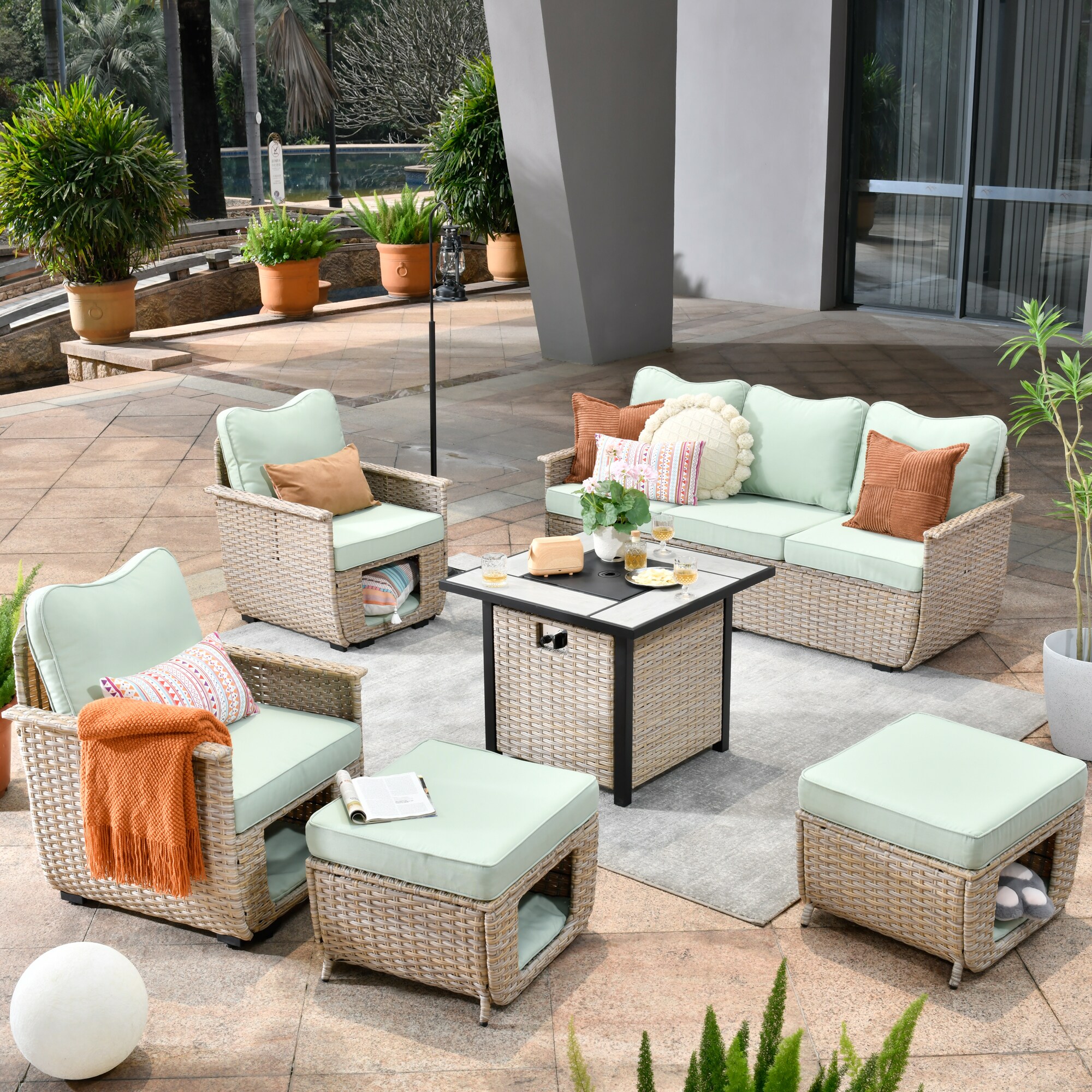 Pouuin SCAT9006 6 -Piece Rattan Patio Sofa Conversation Set with Green Cushions