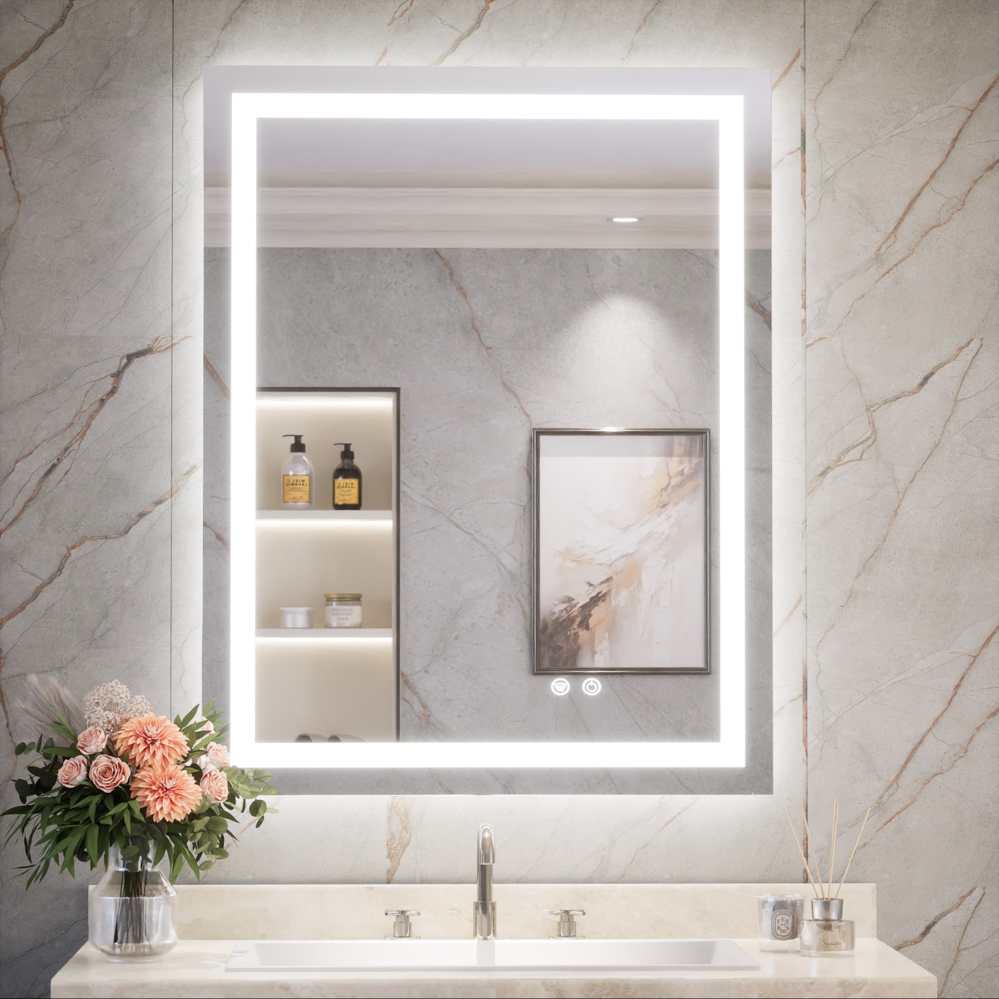 Keonjinn LW-ZBGFXFJ-7191F Bathroom Mirrors 28-in x 36-in Polished Frameless Rectangle Dimmable LED Lighted Fog Free Bathroom Vanity Mirror ( Silver )