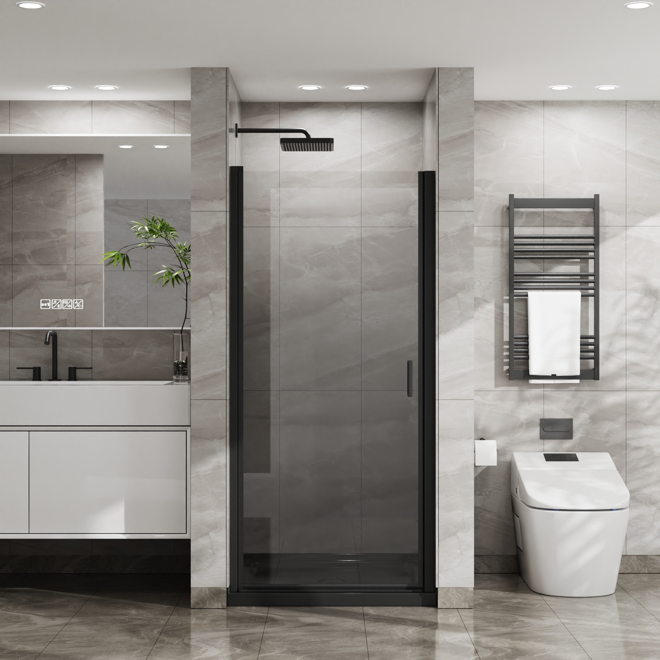 GDFStudio 34 in. W x 72 in. H Modern Semi-Frameless 1/4 in. (6mm) Tempered Glass Pivot Shower Door with Reversible Installation and Waterproof Seal - Matte Black