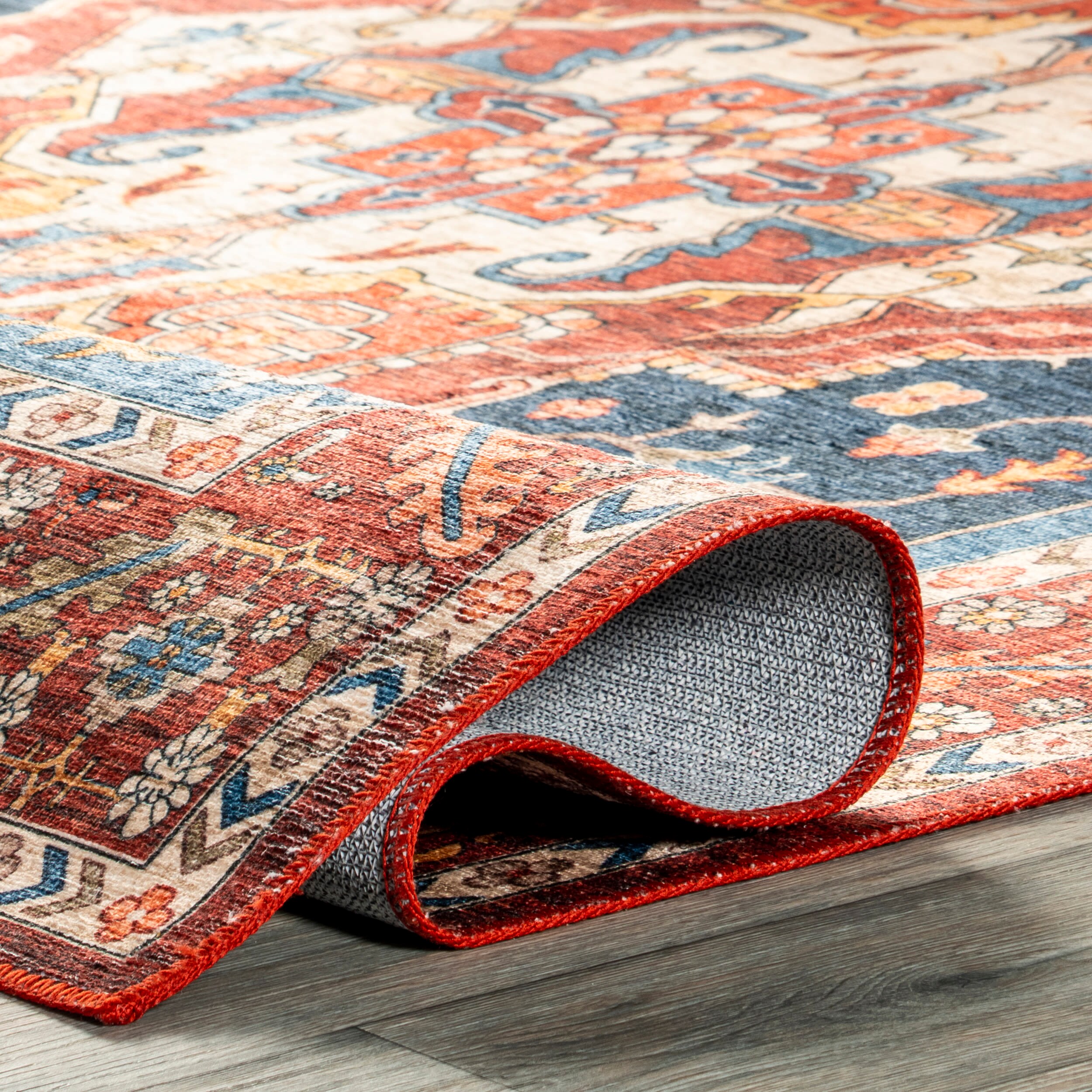 Hera Blue and Red Medallion Washable Synthetic Area Rug