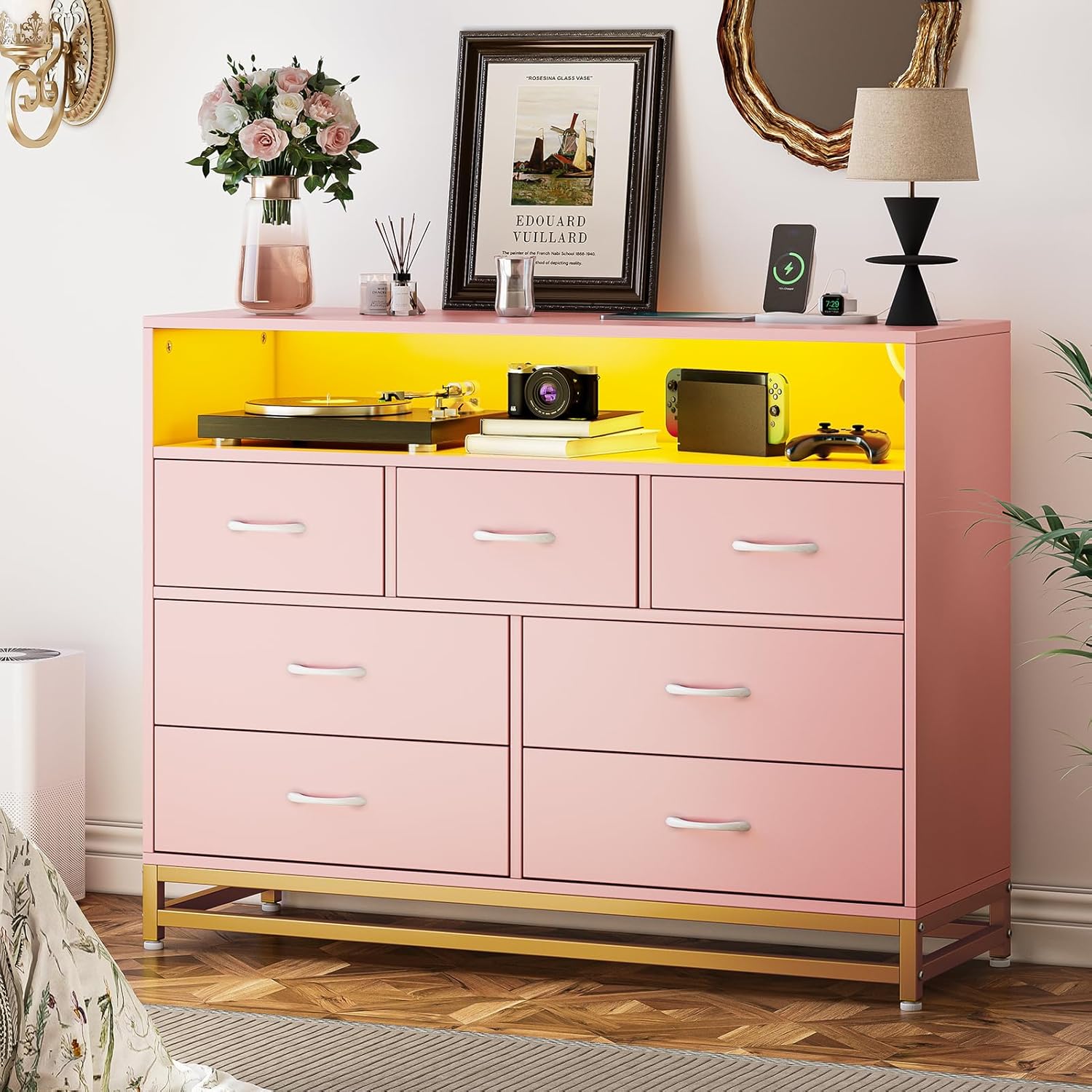 Garvee Modern 7 Drawer Wooden Dresser With Rgb Led Lighting And Integrated Charging Station Spacious Wide Chest Of Drawers For Bedroom Living Room Hallway And Office Pink