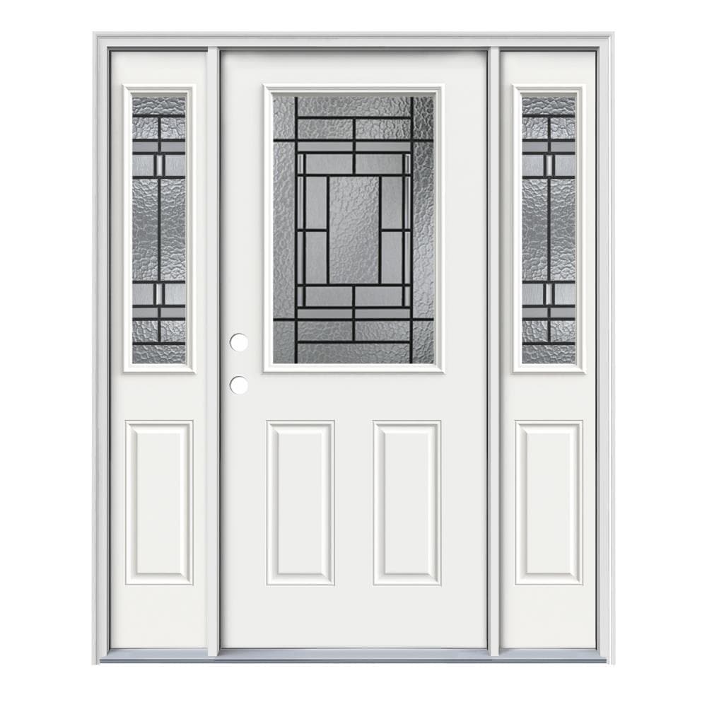 JELD-WEN LOWOLJW167000797 Pembrook 64-in x 80-in x 4-9/16-in Steel Half lite Right-hand inswing Modern White Painted Prehung Front Door with Sidelights with Brickmould Insulating core