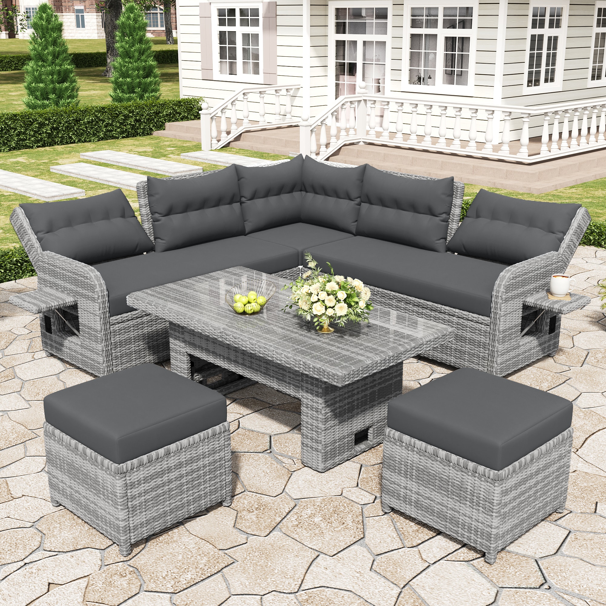 CESICIA 711-Z58 6 -Piece Rattan Patio Sofa Conversation Set with Gray Cushions