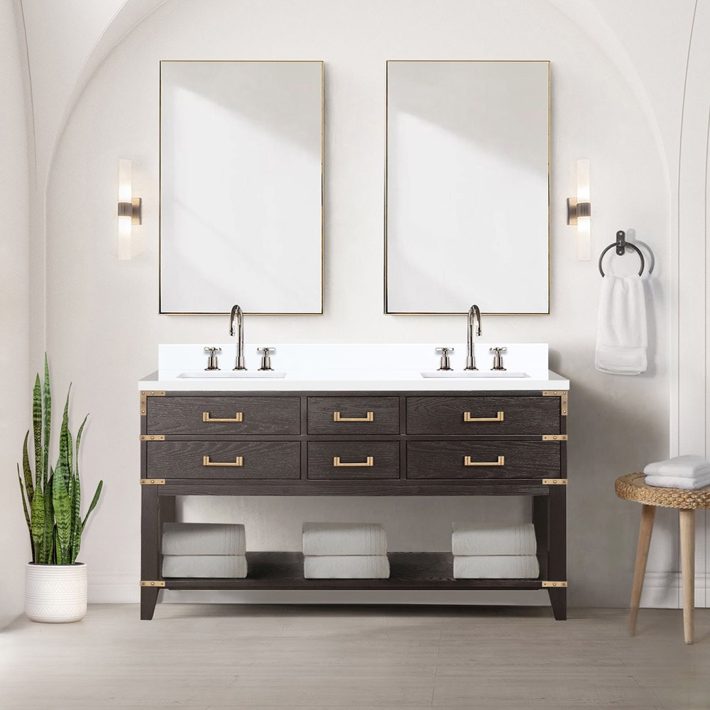Lexora LVGR60DK311 Greenberg 60-in Brown Oak Undermount Double Sink Bathroom Vanity with White Cultured Marble Top (Mirror and Faucet Included)