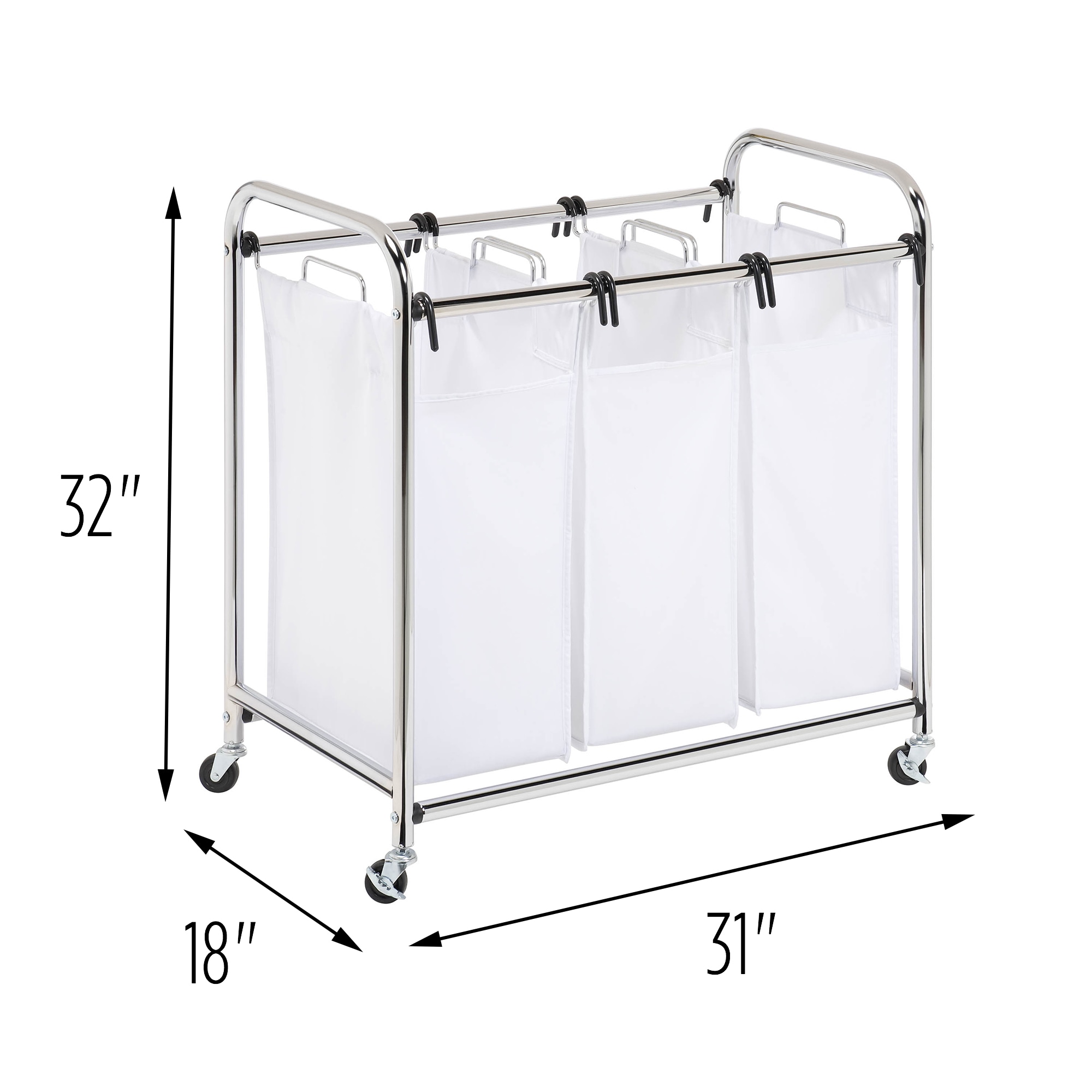 White Triple Laundry Sorter with Chrome Frame and Wheels