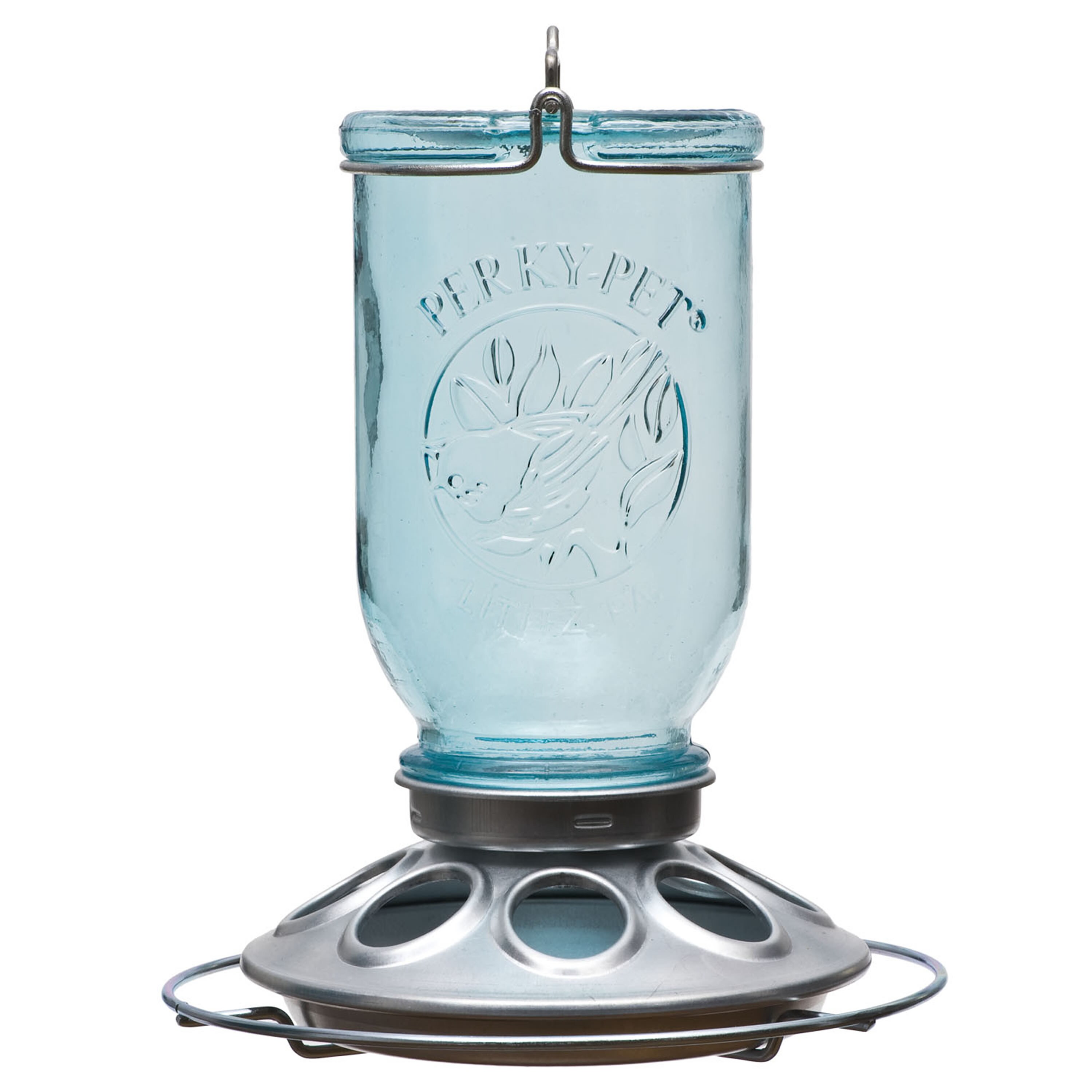 Perky-Pet 784 Mason Jar Blue Glass Hanging Hopper Bird Feeder- 1-lb 16-oz Capacity