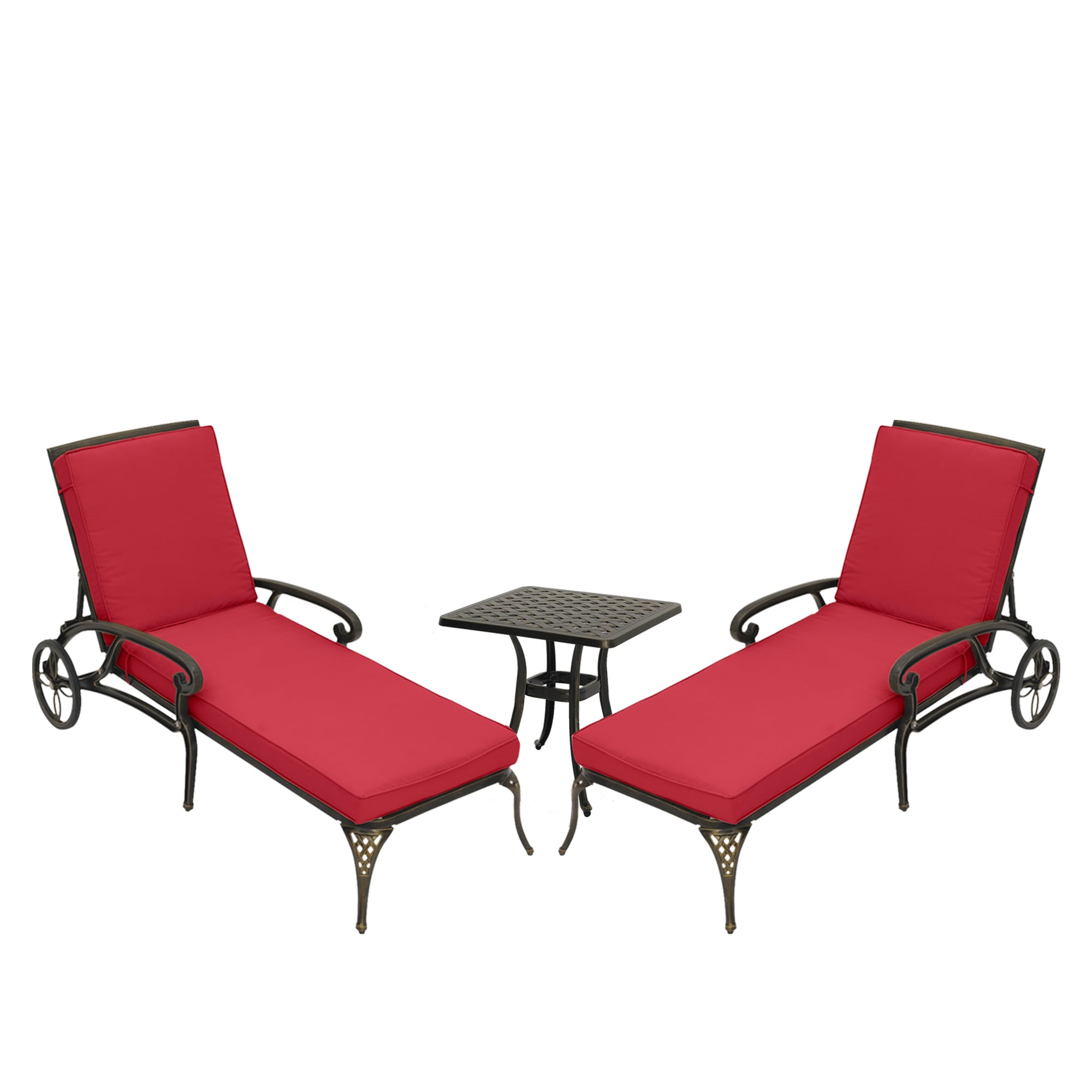 CASAINC HF-WF-HW003-2 Cast Aluminum Reclining Chaise Lounge with Cushion Set of 2 Bronze Cast Aluminum Aluminum Frame Stationary Chaise lounge Chair with Red Solid Seat