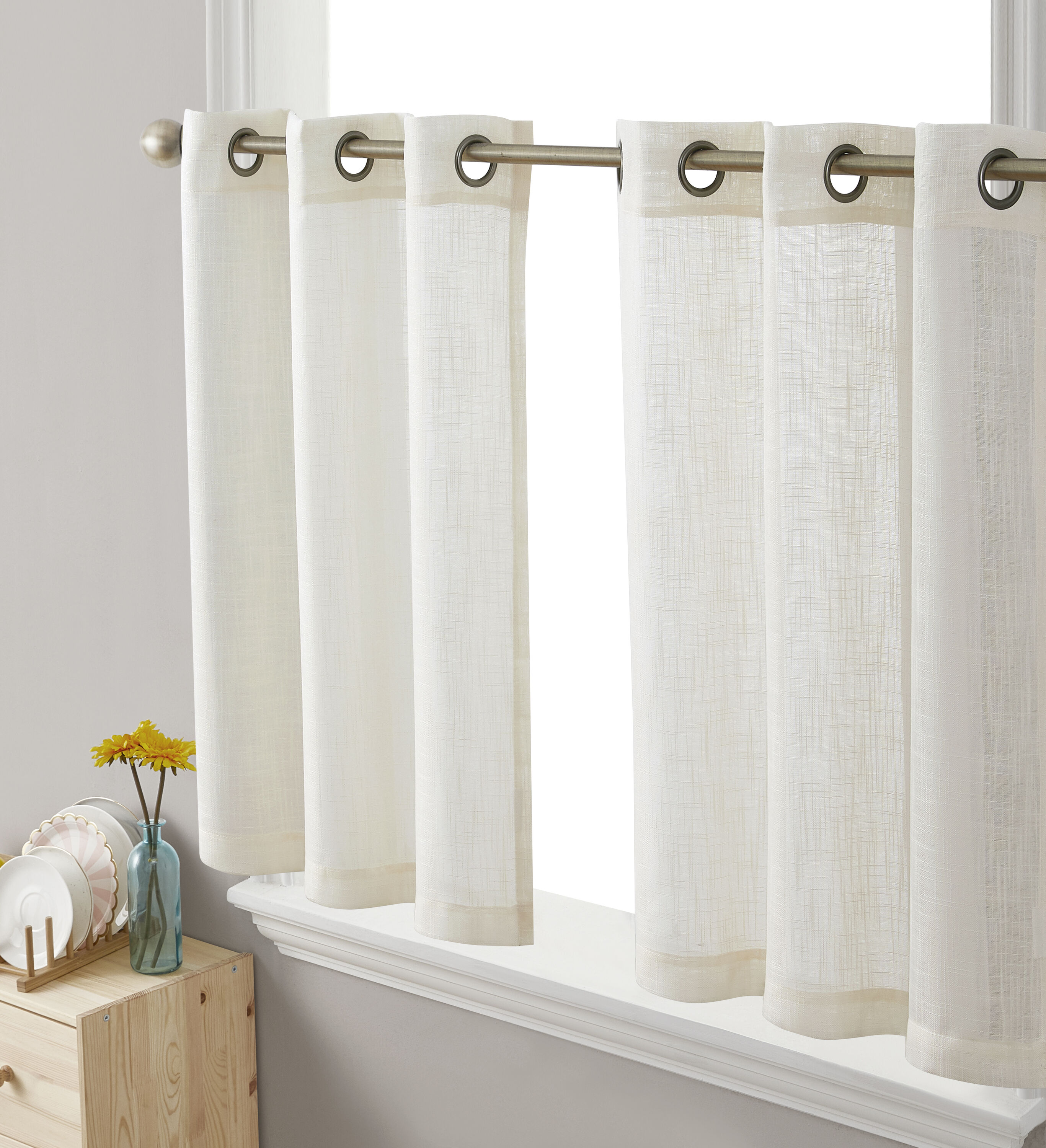 HLC.me ABY-GR-TRS-OATML24 24-Inches Oatmeal Beige Polyester Grommet Sheer Tier curtain