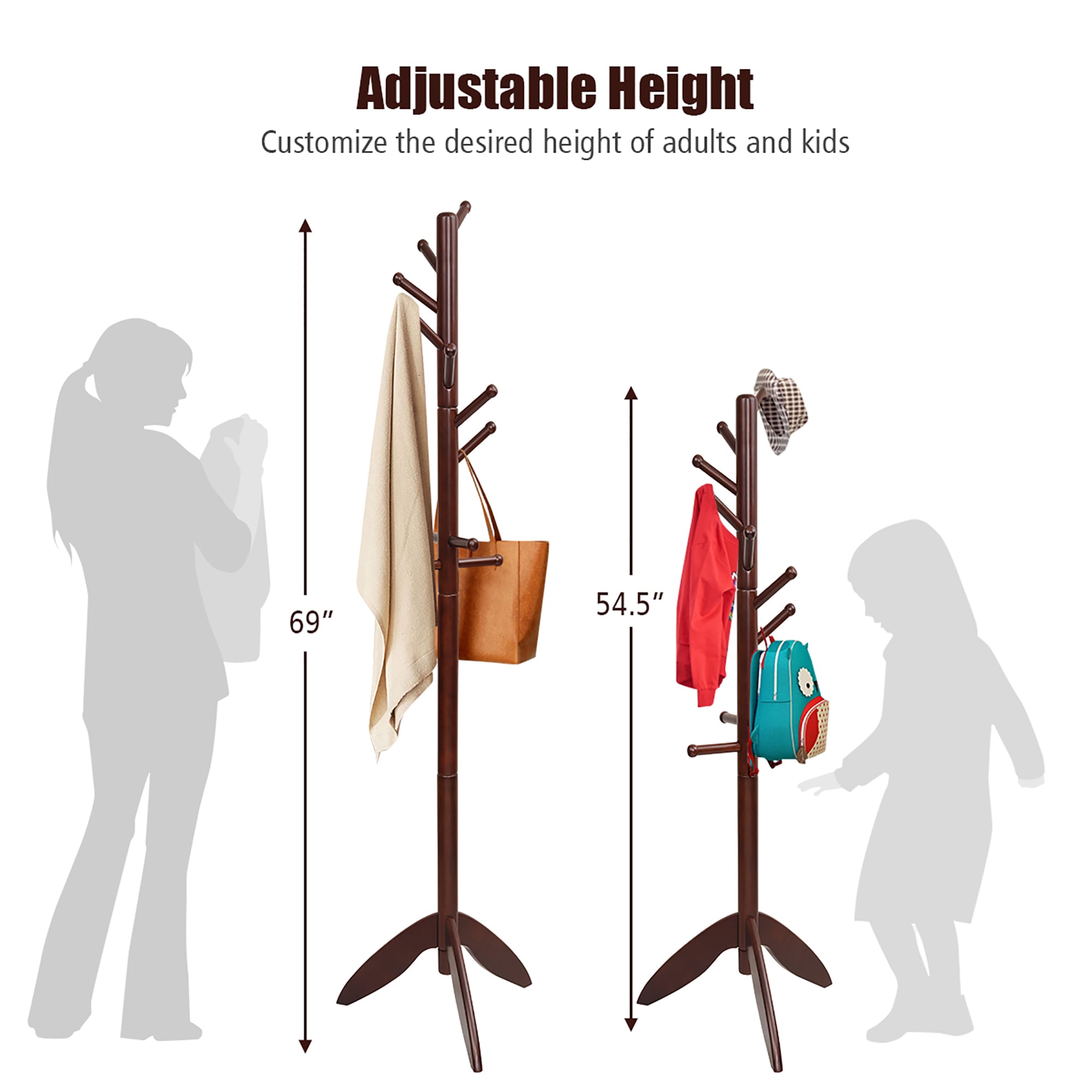 Goplus Wooden Coat Rack Entryway Hall Tree 2 Heights w/11 Hooks Walnut ...