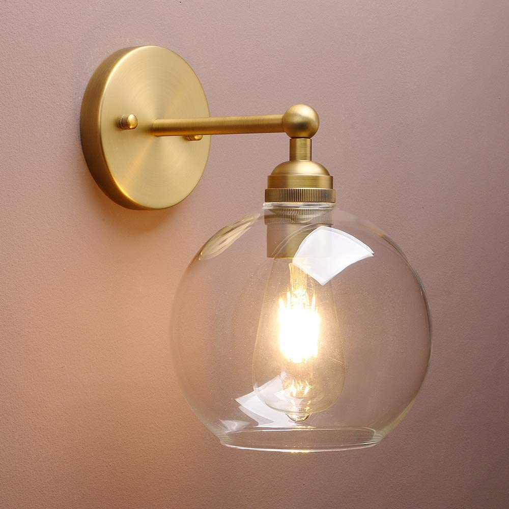 Oyezvary  1 Piece Vintage Gold Bathroom Wall Sconce E26 Socket Hardwired Fixture 6.9 in Glass Shade for Mirror Living Room Hallway