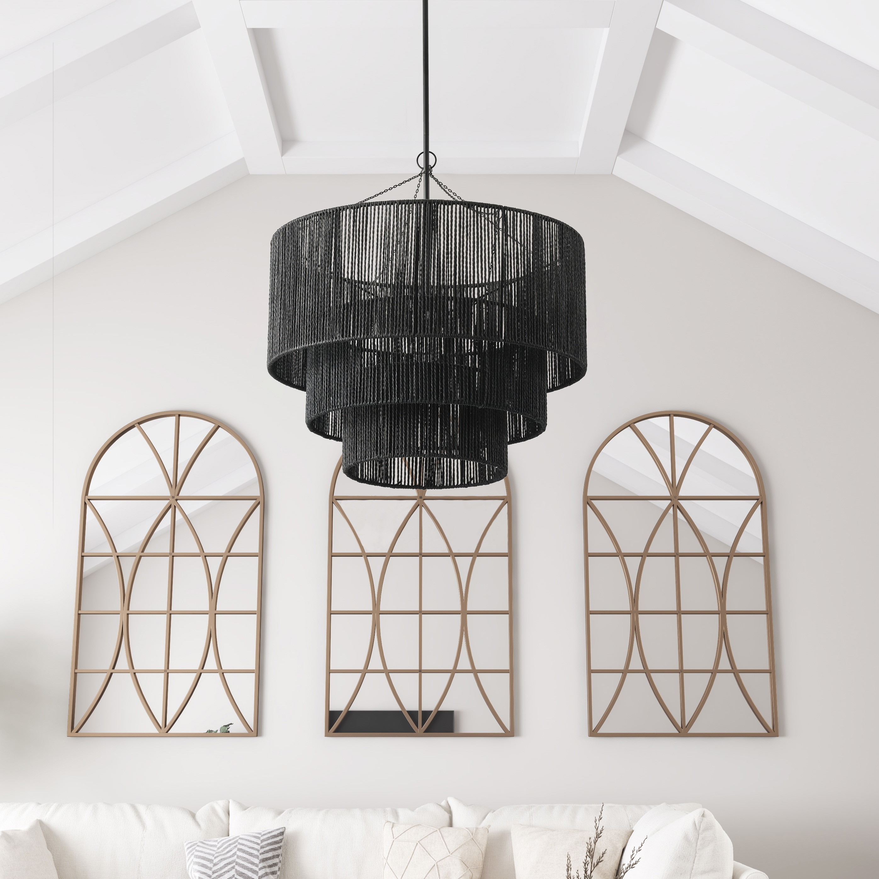 Black Tiered Metal and Rattan Pendant Light
