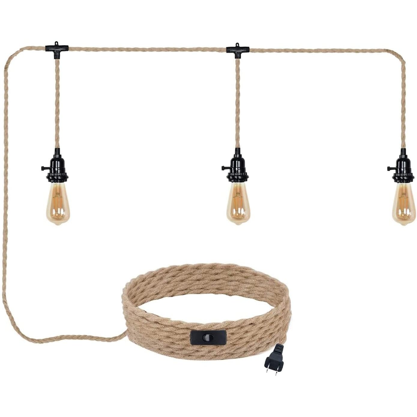 Slagawa  White Farmhouse 3-Light Pendant Lighting Kit with Hemp Rope Cord 22 Ft Plug-in Switch