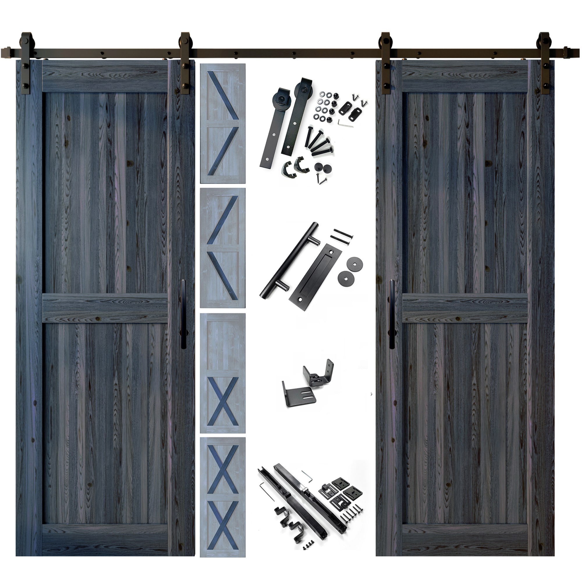 HOMACER YT2TGH132C-3280F-NA 32-in x 80-in Navy Pine Wood Solid core Double Barn Door (Hardware Included)