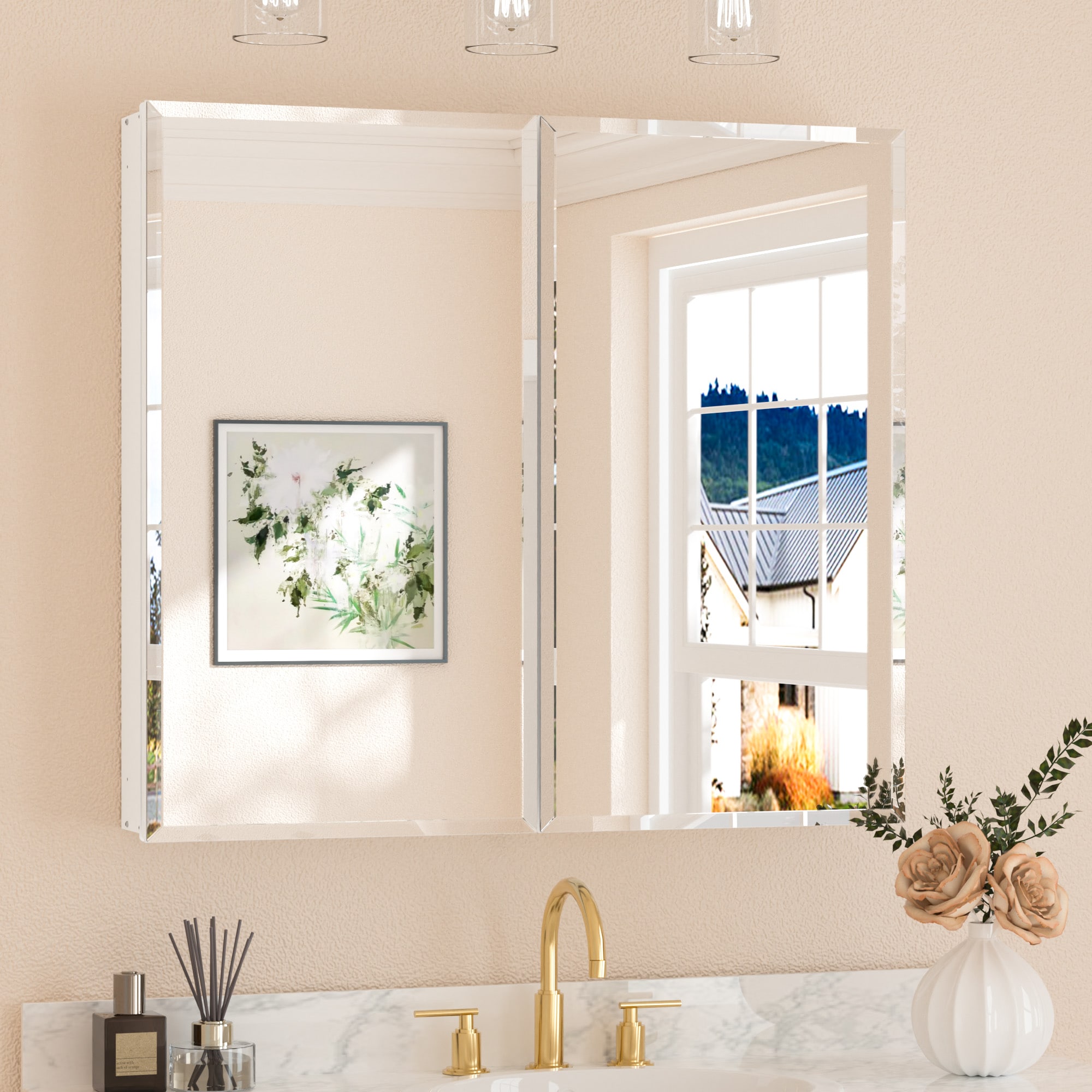 Keonjinn LW-JG-FJXP-9181-WH 36-in x 32-in Surface/Recessed Mount White Mirrored Rectangle Soft Close Medicine Cabinet