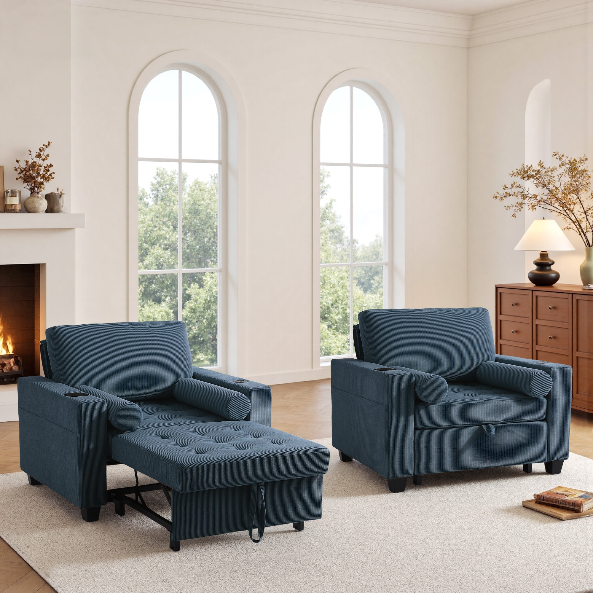 Dreamsidea Set of 2 Corduroy Tufted 3-in-1 Sofa Bed Chairs with 2 Pillows USB Outlet and Cup Holder for Living Room or Bedroom one_size in Blue