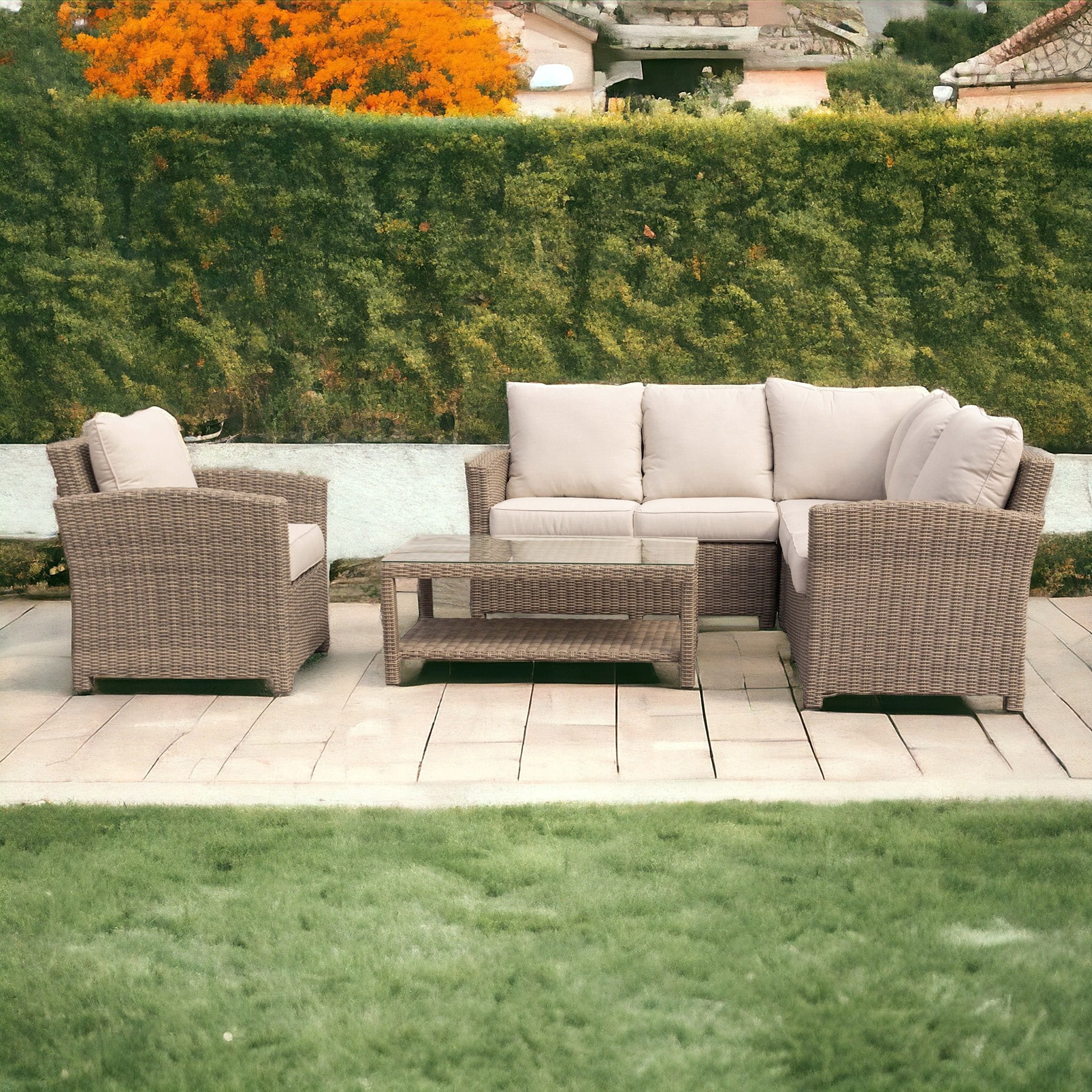 Courtyard Casual 5839 Capri 5-Piece Wicker Patio Conversation Set with Tan Cushions