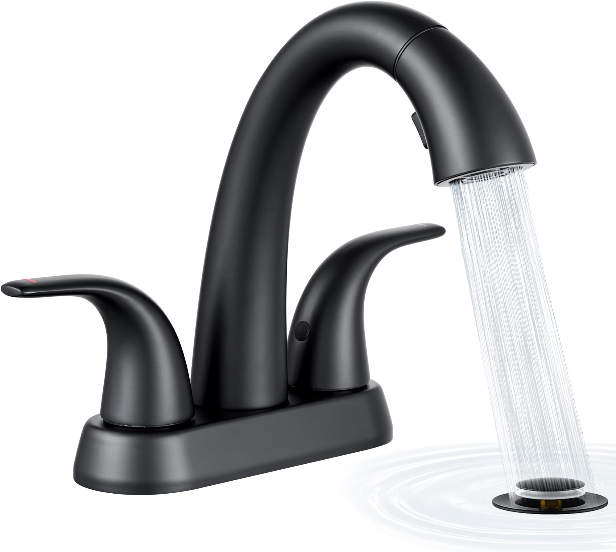 Aoibox Matte Black 4 Inch Centerset Bathroom Faucet 3 Hole 2 Handle Pull Out Sprayer Soft Stream and Mist Modes with Pop Up Drain 1 Set #LAB0126F09