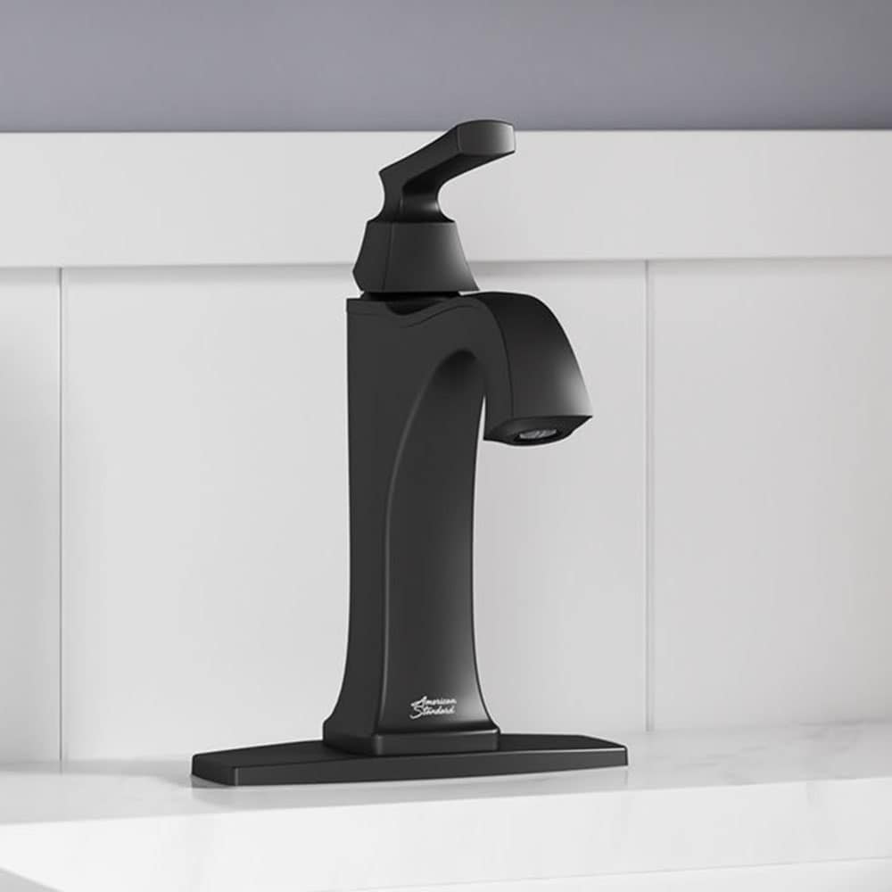 American Standard 7426101.243 Belmeade Matte Black Single hole 1-handle WaterSense Mid-arc Residential Handle Bathroom Sink Faucet with Drain with Deck Plate