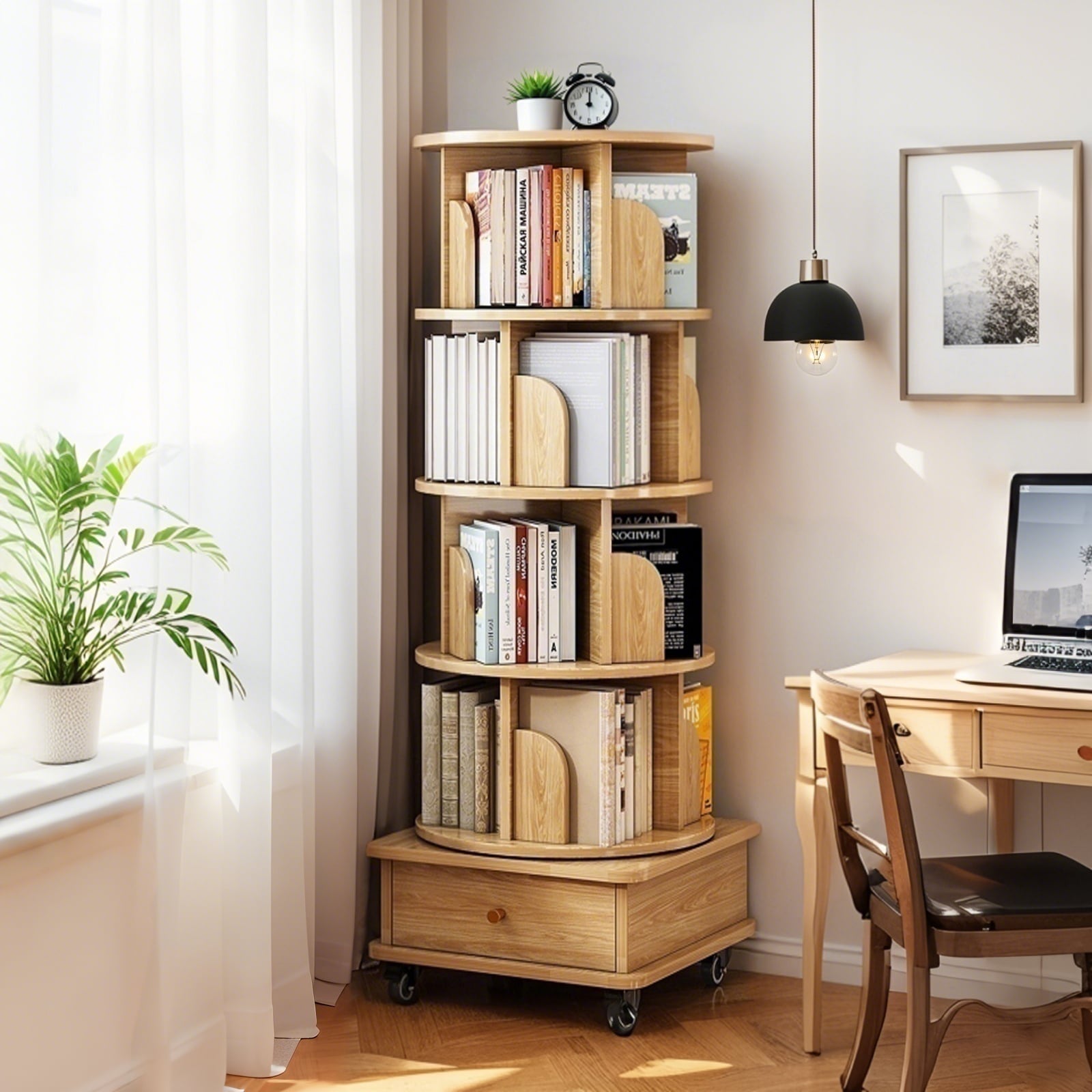 LOVMOR SF-Y-W3204P293695 5 Tier Rotating Bookshelf 360° Display Round Spinning Bookshelf with Wheels Space Saving Small Space Rotating Bookshelf Tower for Bedroom Living Room Home Office Wood Color