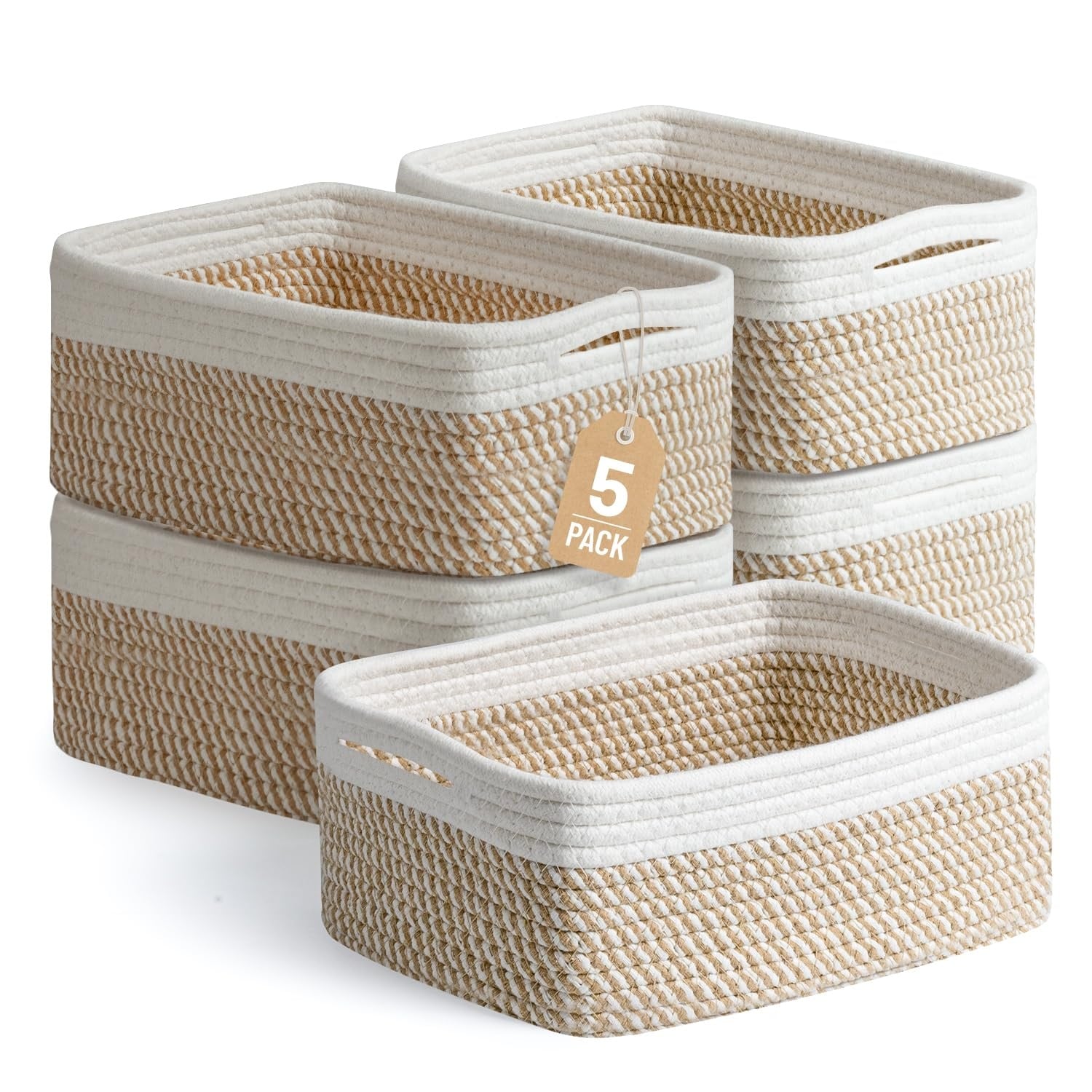 Vrbgify  5 Pack Small Woven Cotton Rope Storage Baskets 11.8 x 7.9 x 4.7 Inch Khaki White Organizer Bins for Shelves Closet Bathroom Nursery