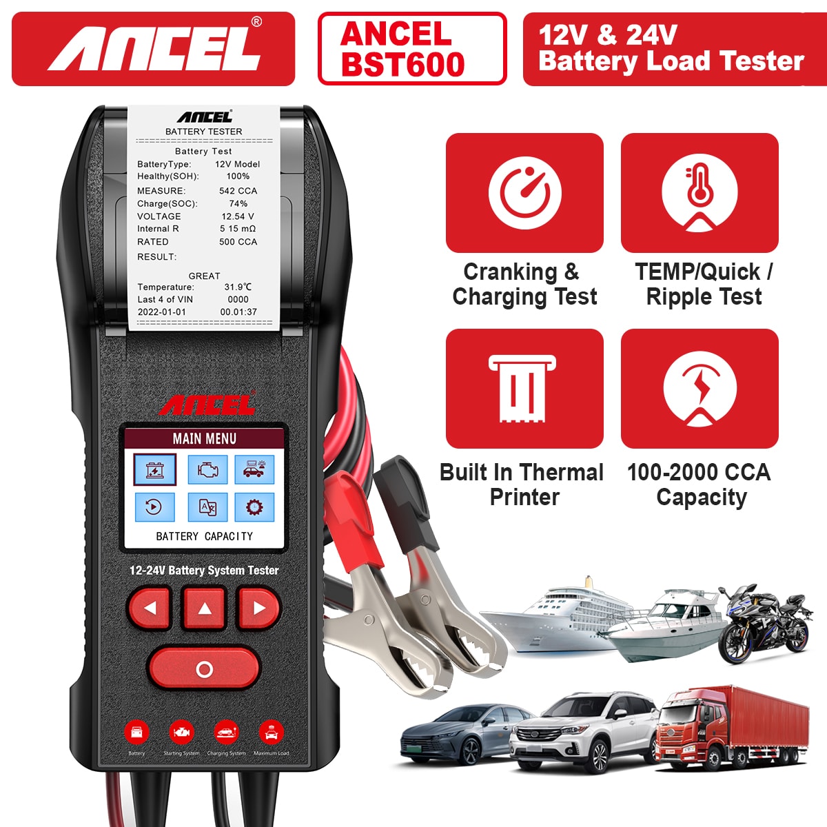 ANCEL  BST600 12V 24V Car Battery Load Tester with Built in Thermal Printer 100 to 2000 CCA Automotive Alternator Starter Analyzer for Flooded AGM EFB GEL Lead Acid Batteries for Car Truck Motorcycle RV Boat Repair Shop Use