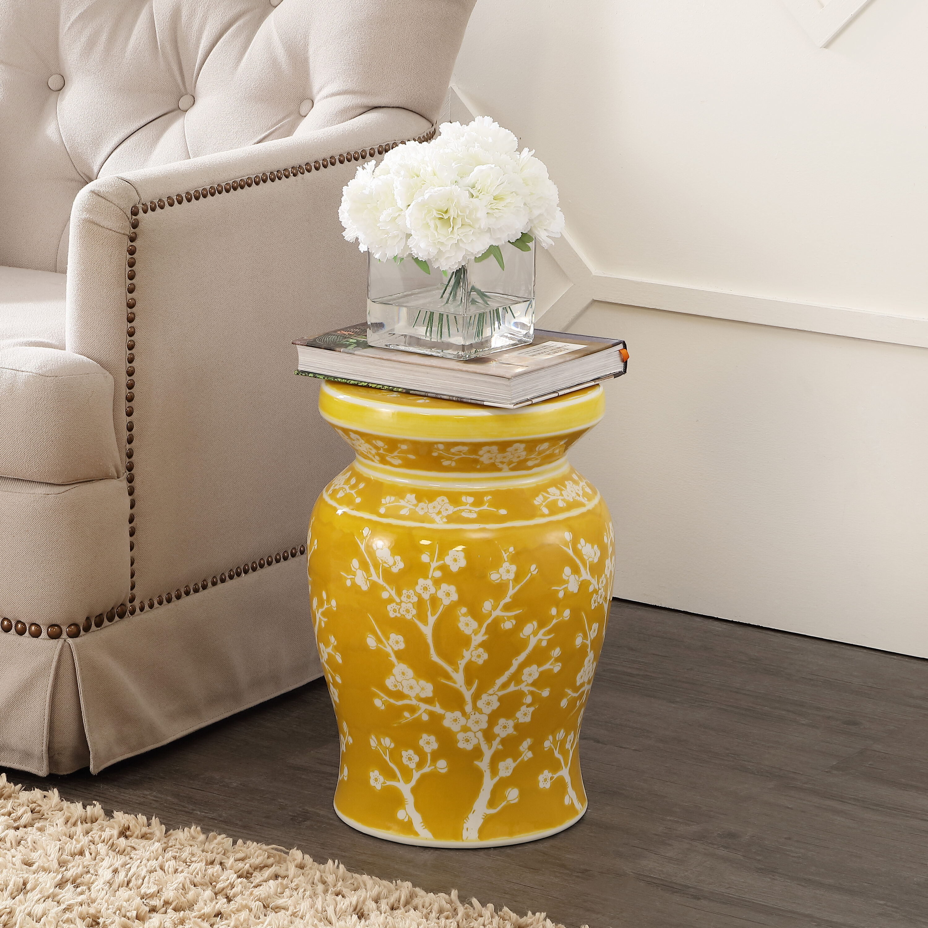 Yellow Ceramic Cherry Blossom Garden Stool 17.75"