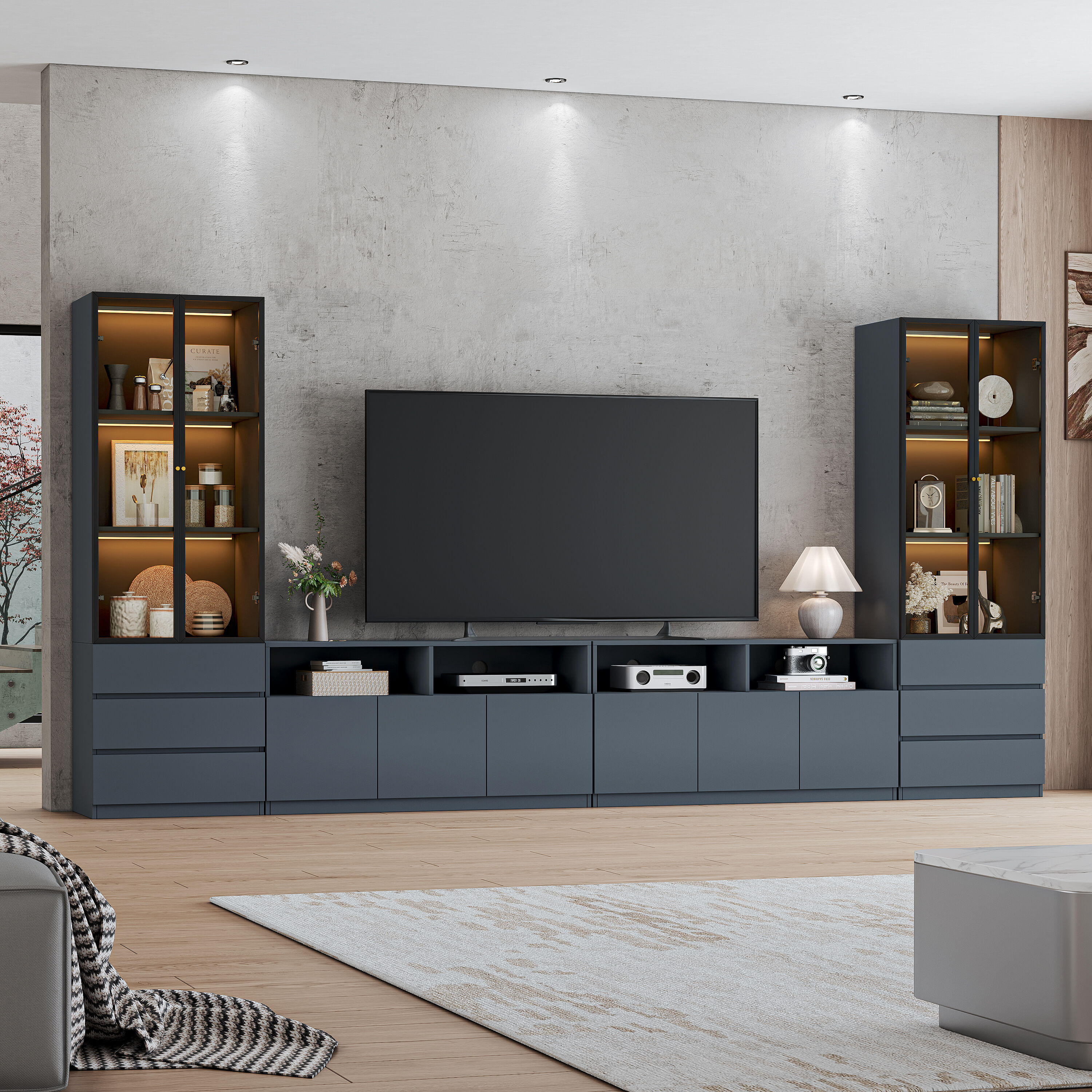 ATJafurn 142-in Gray Modern Entertainment Center for 60/70/80/90 inch TV - Included Module TV Stand and 2 Glass Display China Cabinet - 3PCS Media Console for Living Room