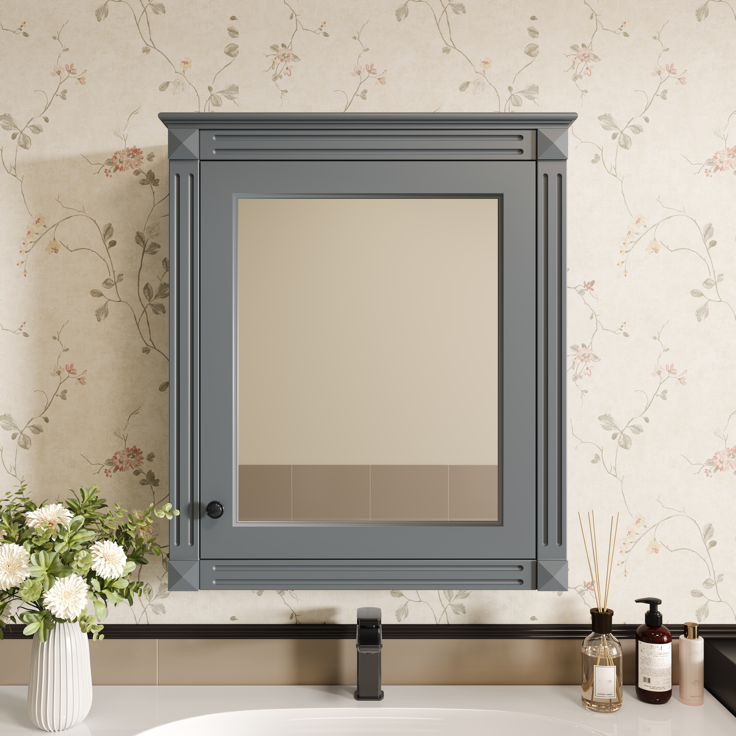 LOVMOR  24.01-in x 7.13-in x 27.76-in Grey Bathroom Wall Cabinet with Mirror and Adjustable Shelves and Soft Close Doors