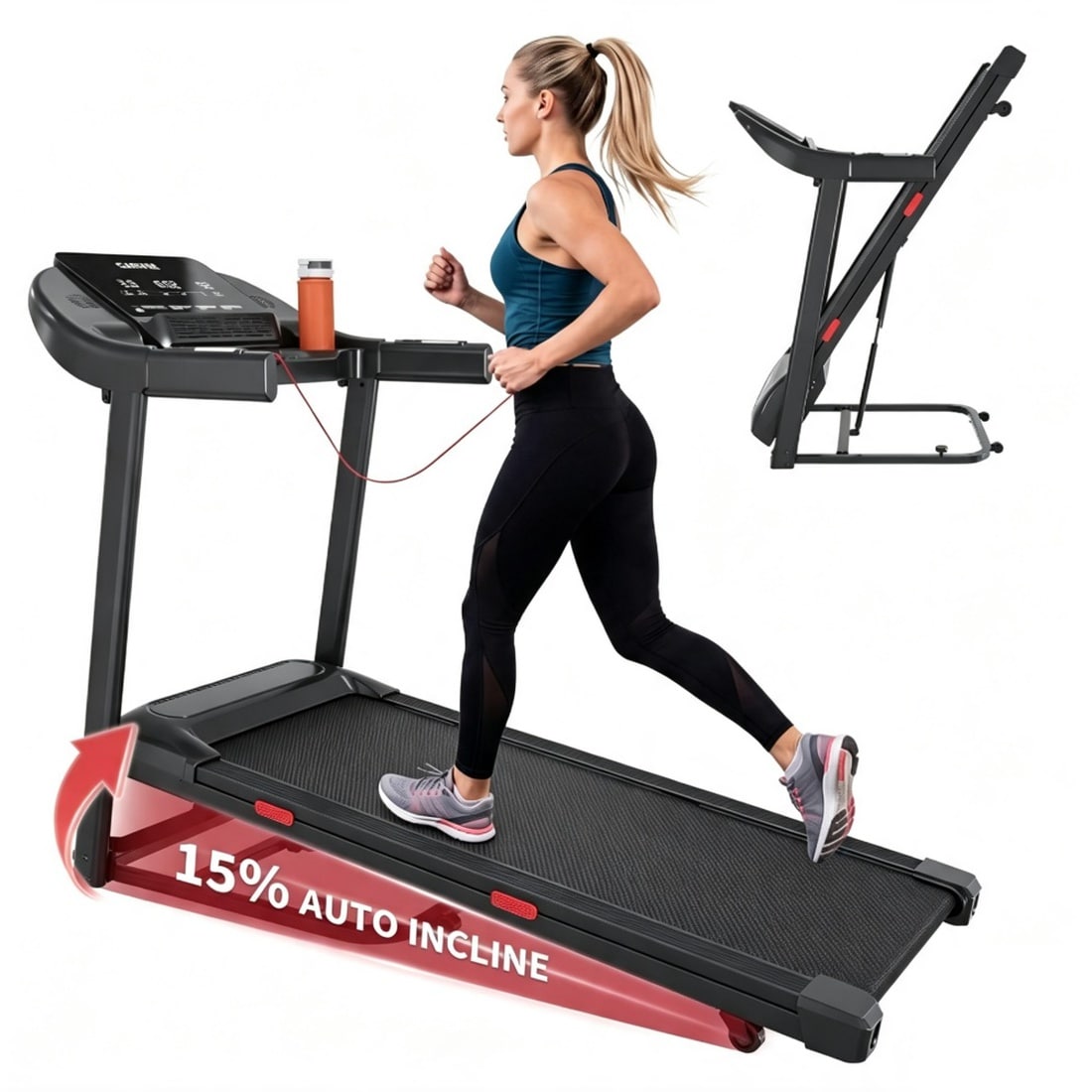 Aoile Foldable Treadmill with 15 Percent Auto Incline Portable Running ...
