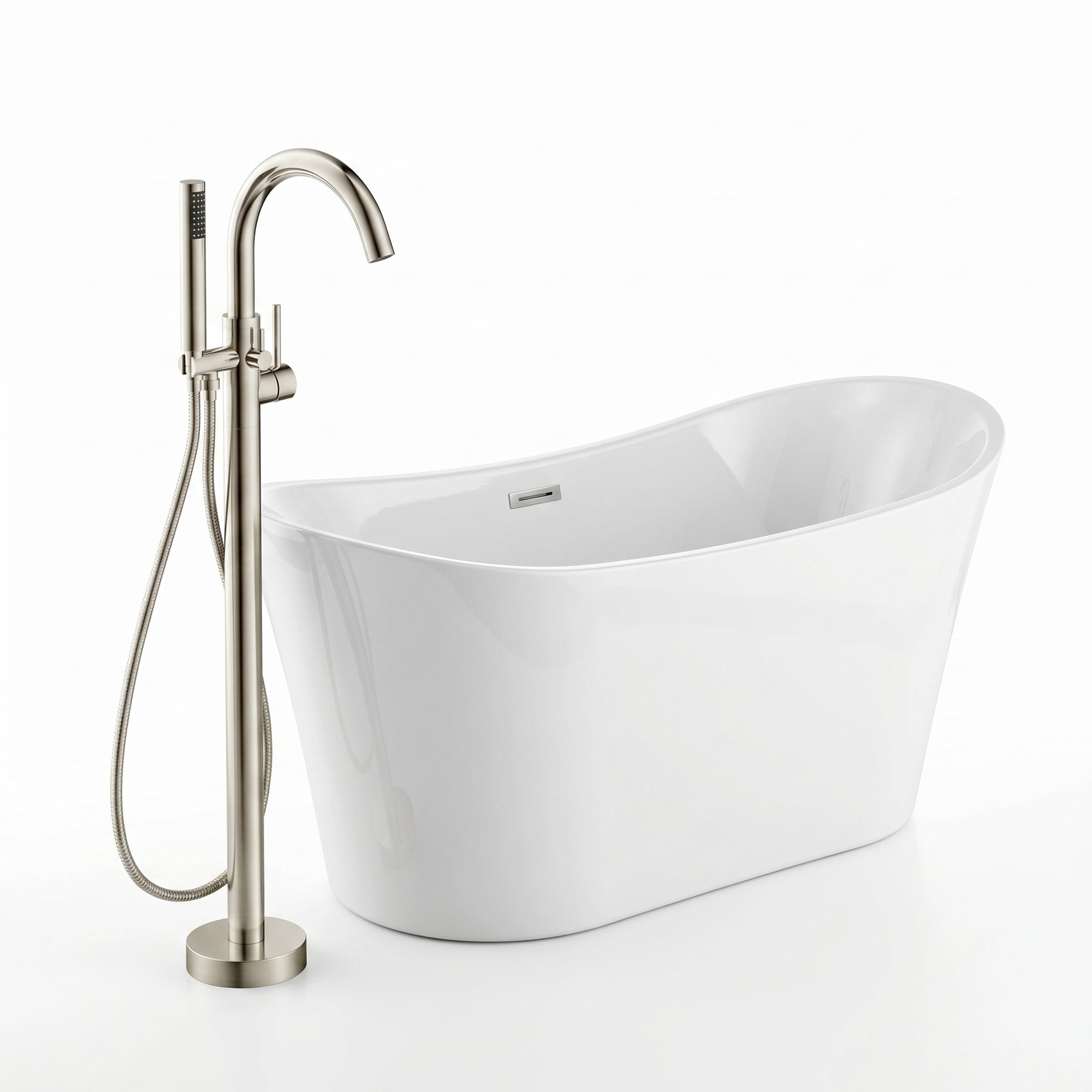 ANZZI Eft Series 28.3-in x 66.9-in Glossy White Acrylic Hourglass Freestanding Soaking Bathtub with Faucet Hand Shower with Drain ( Center Drain )