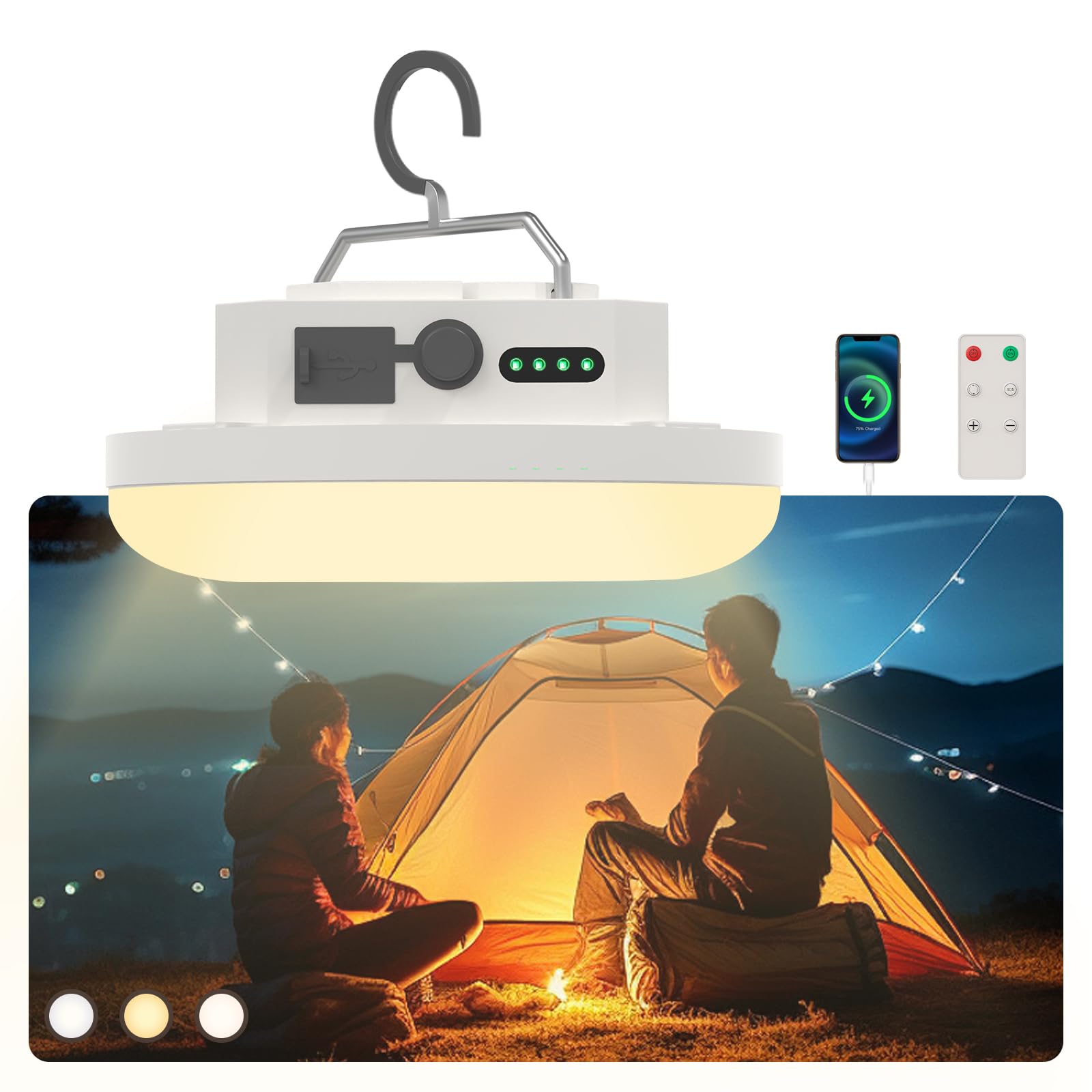 Linder Group Inc LED Hanging Tent Light with Magnet Remote Control 4000 Lumen 3 Color Modes Stepless Dimming Portable IPX5 Waterproof Lantern for Camping #L3CL3TDW