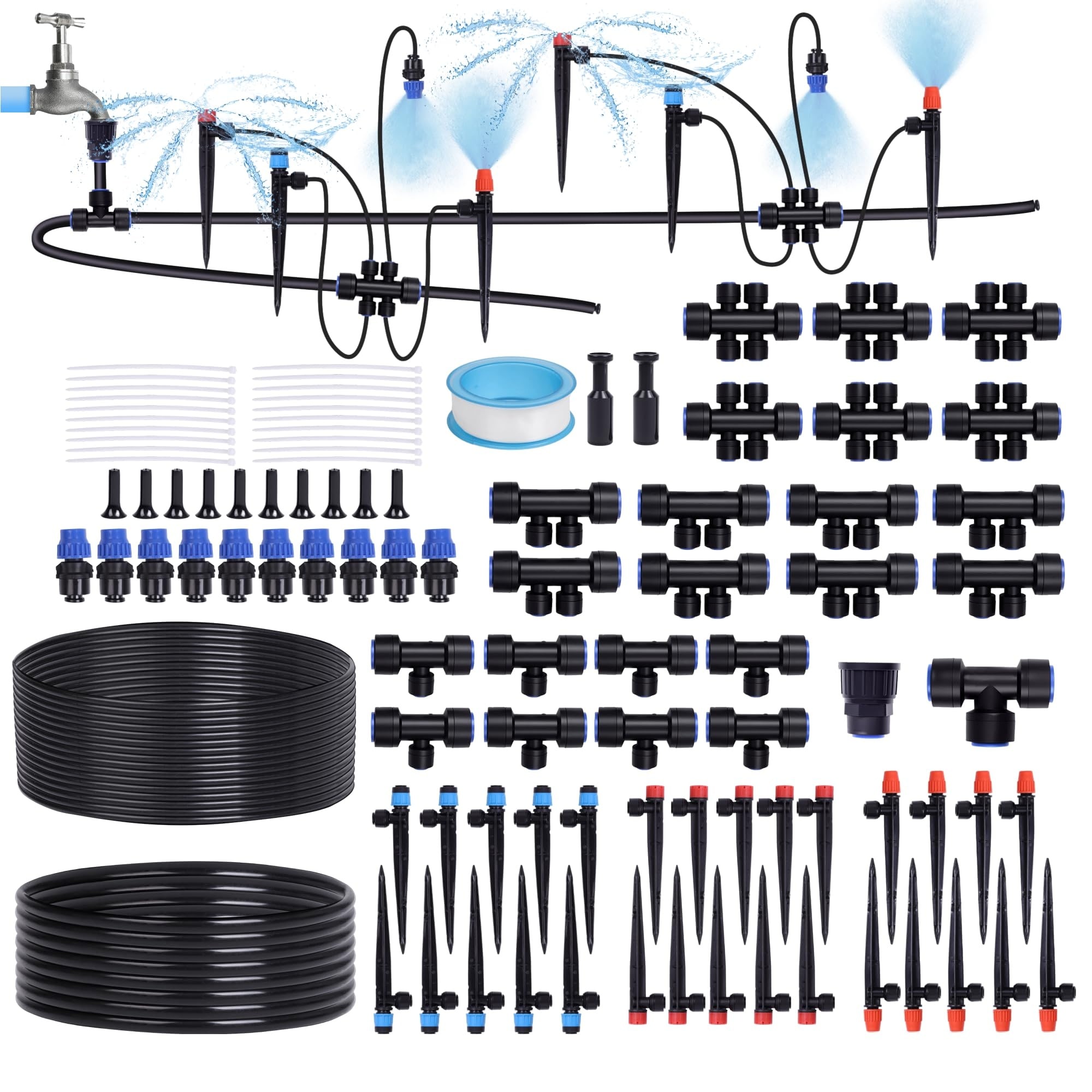 Etokfoks  230 FT Garden Drip Irrigation Kit With 40 Nozzles And Emitters Plus 1 2 Inch Main Line 1 4 Inch Tube And Barbed Fittings