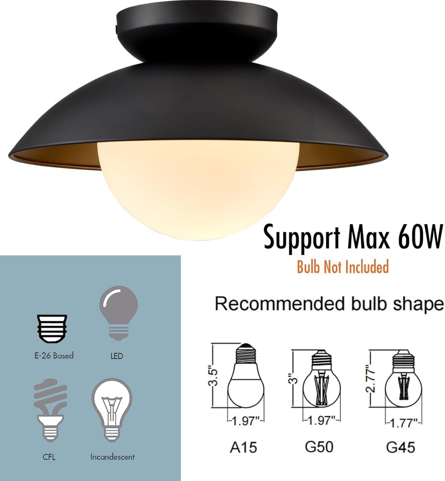 Matte Black and Gold Glass Globe Flush Mount Ceiling Light