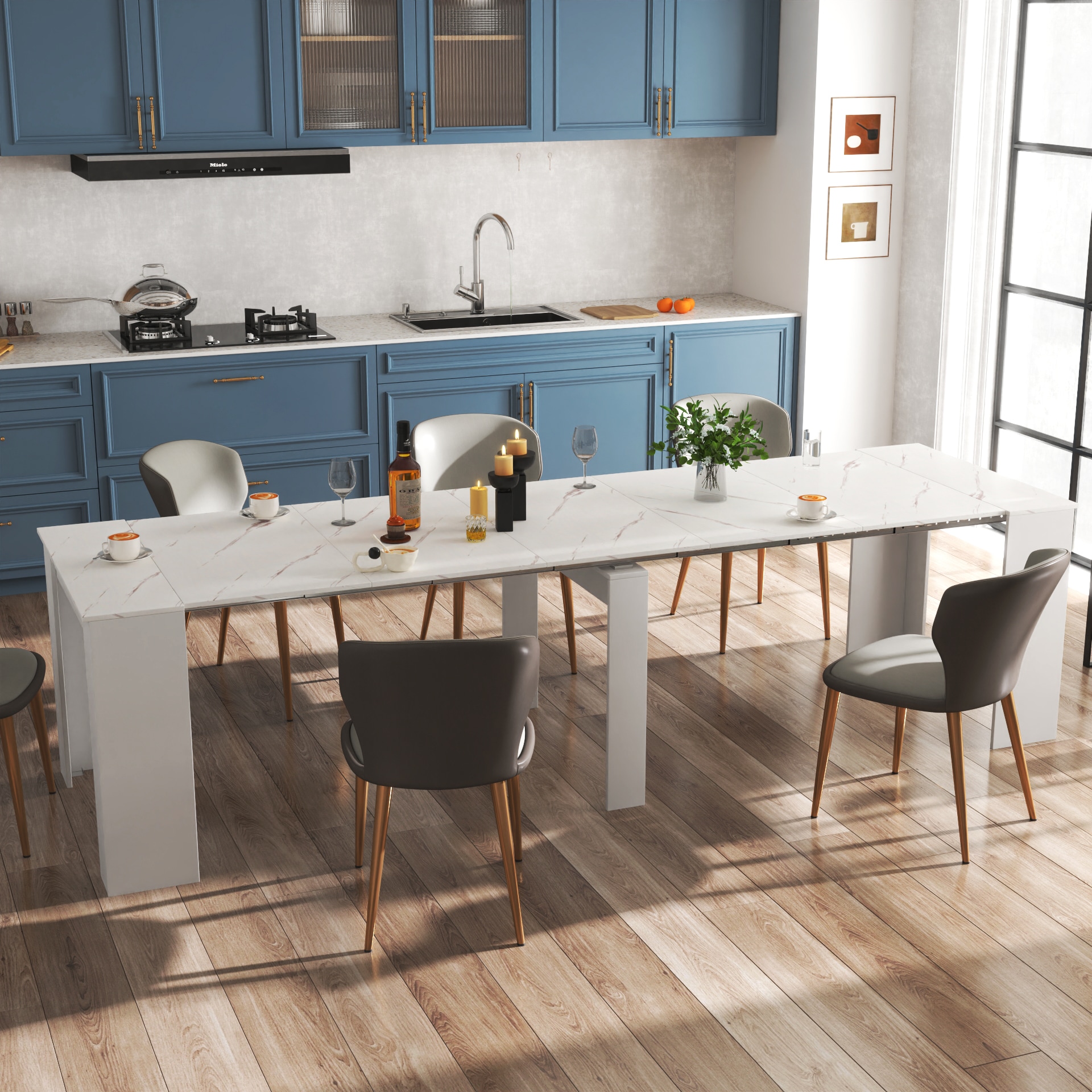 GDFStudio 333349 Lyris Modern Multifunctional Extendable Console Table with Storage White Marble