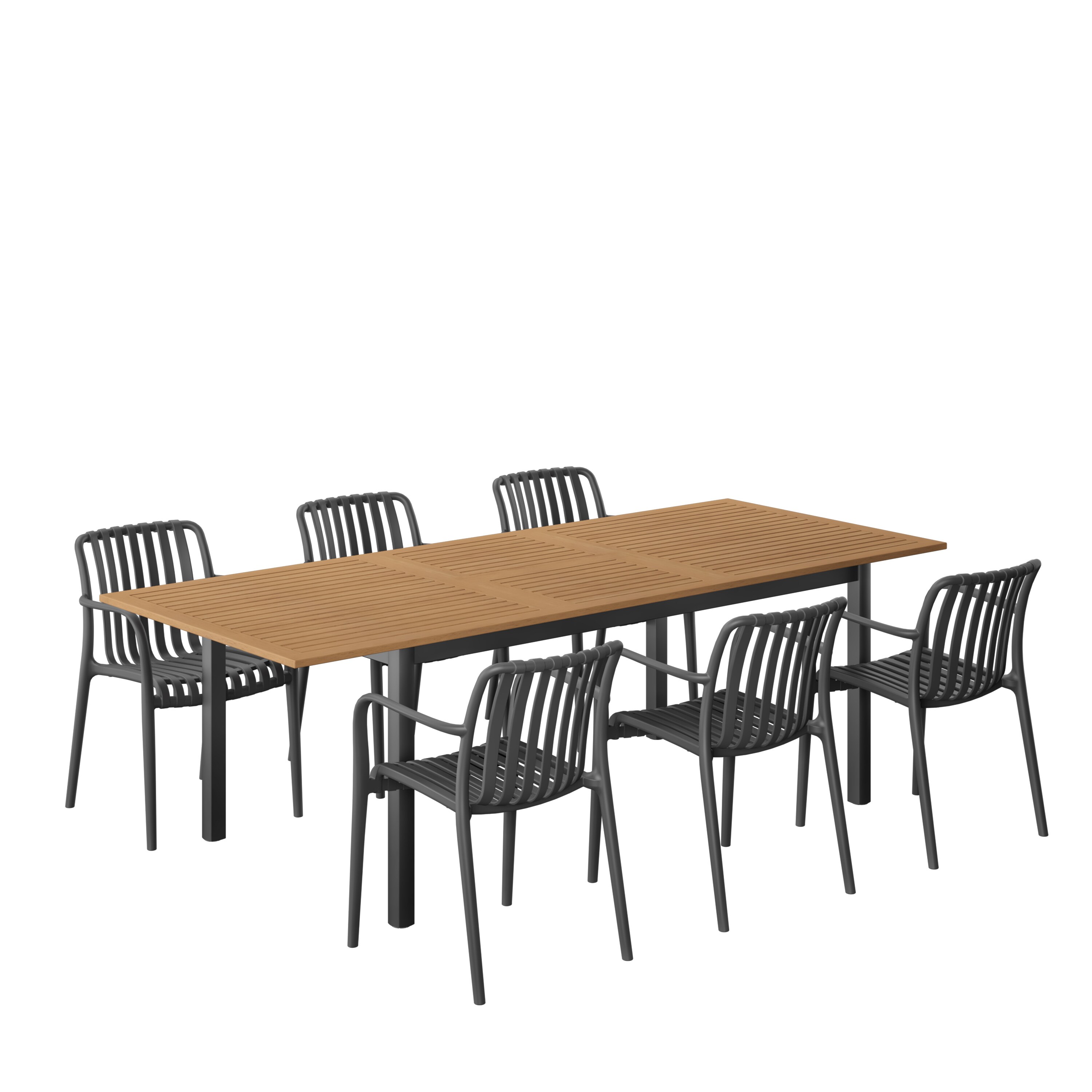 Amazonia LWS-IBIS-6-CURA-BK 7 -Piece Wood Patio Dining Set Extendable Table Wood Rectangle Table with 6 Stackable Stationary and Motion Chairs