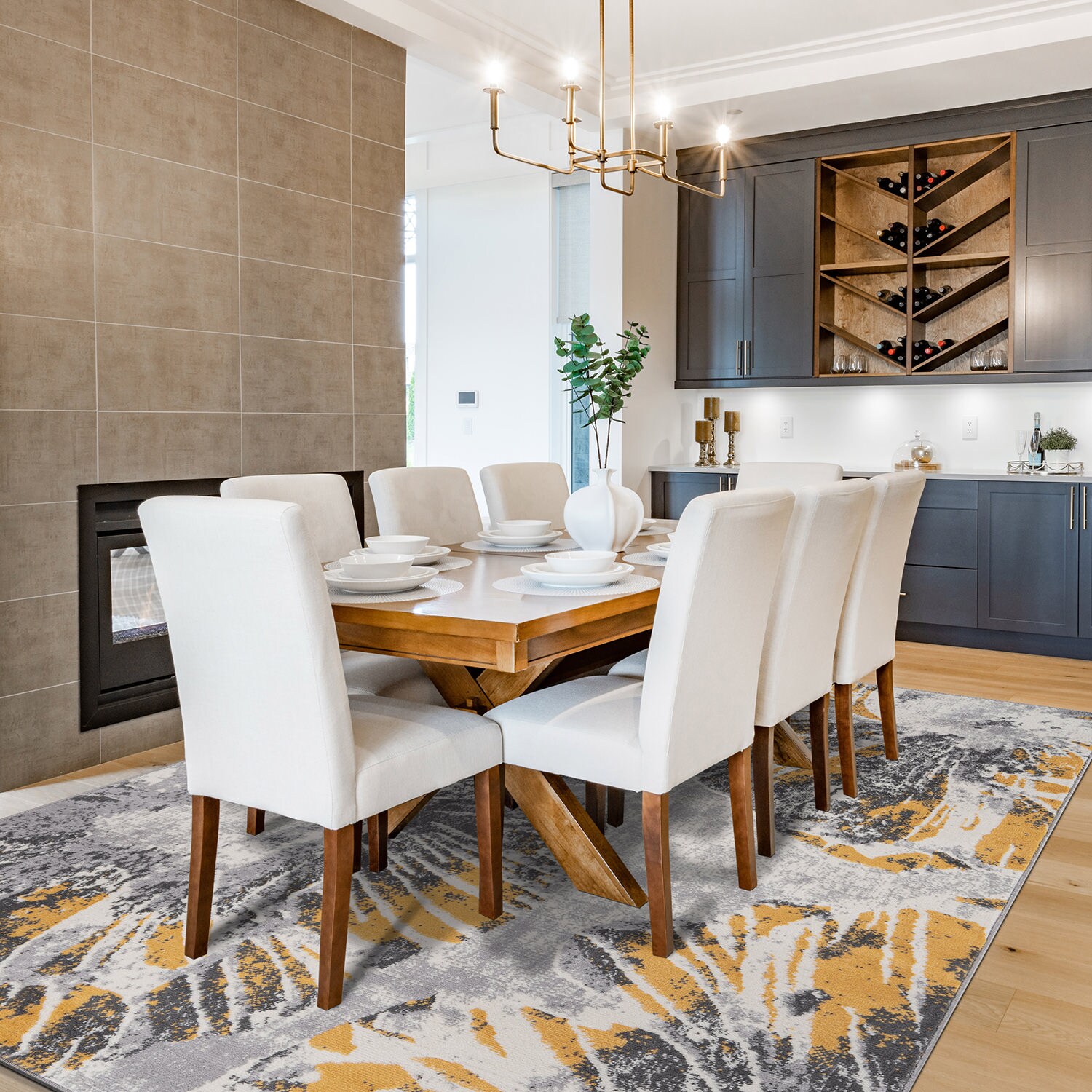 Yellow and Gray Floral Stain-Resistant Synthetic 8' x 10' Area Rug