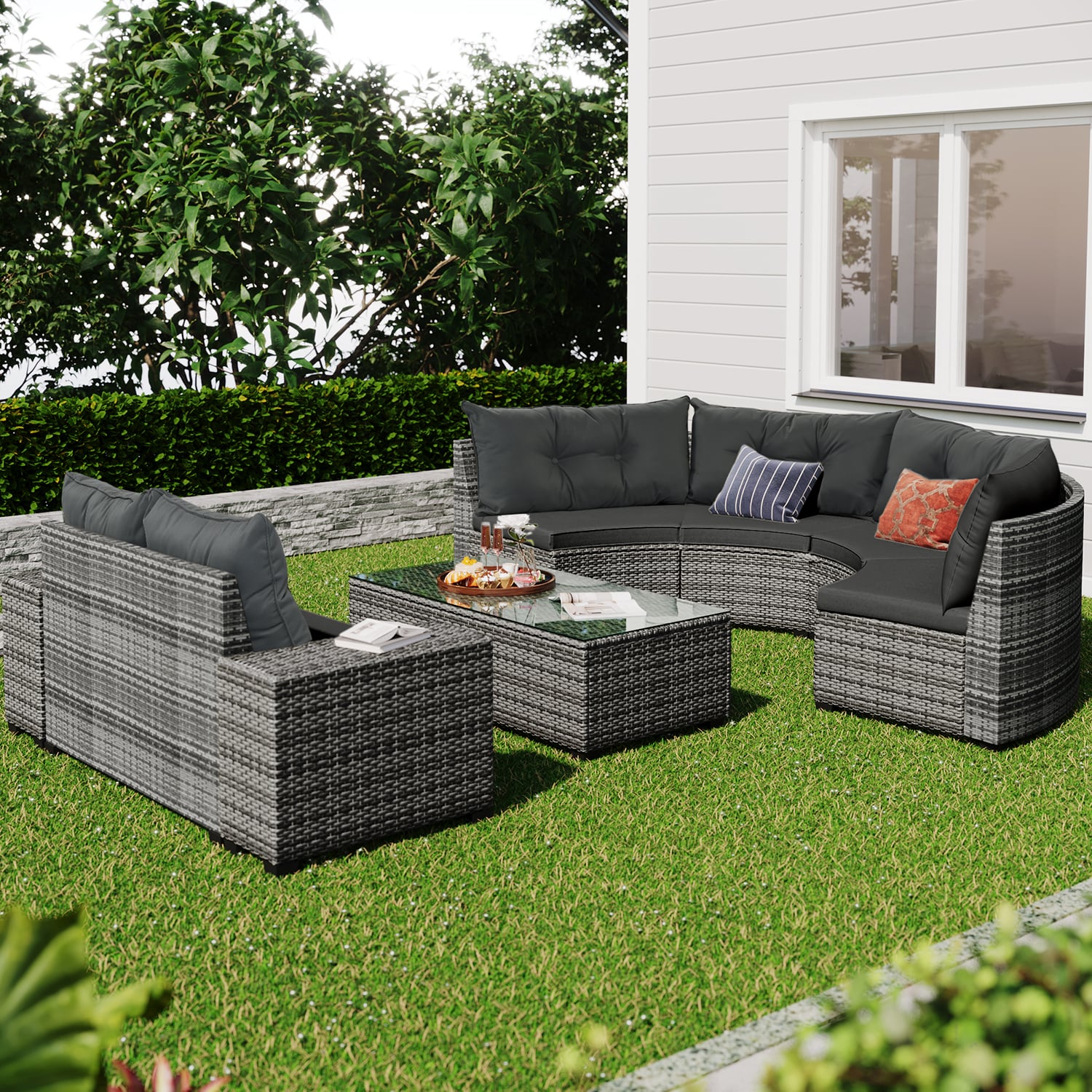 Bybafun Rattan Outdoor Sectional With Gray Cushion(S) And Rattan Frame ...