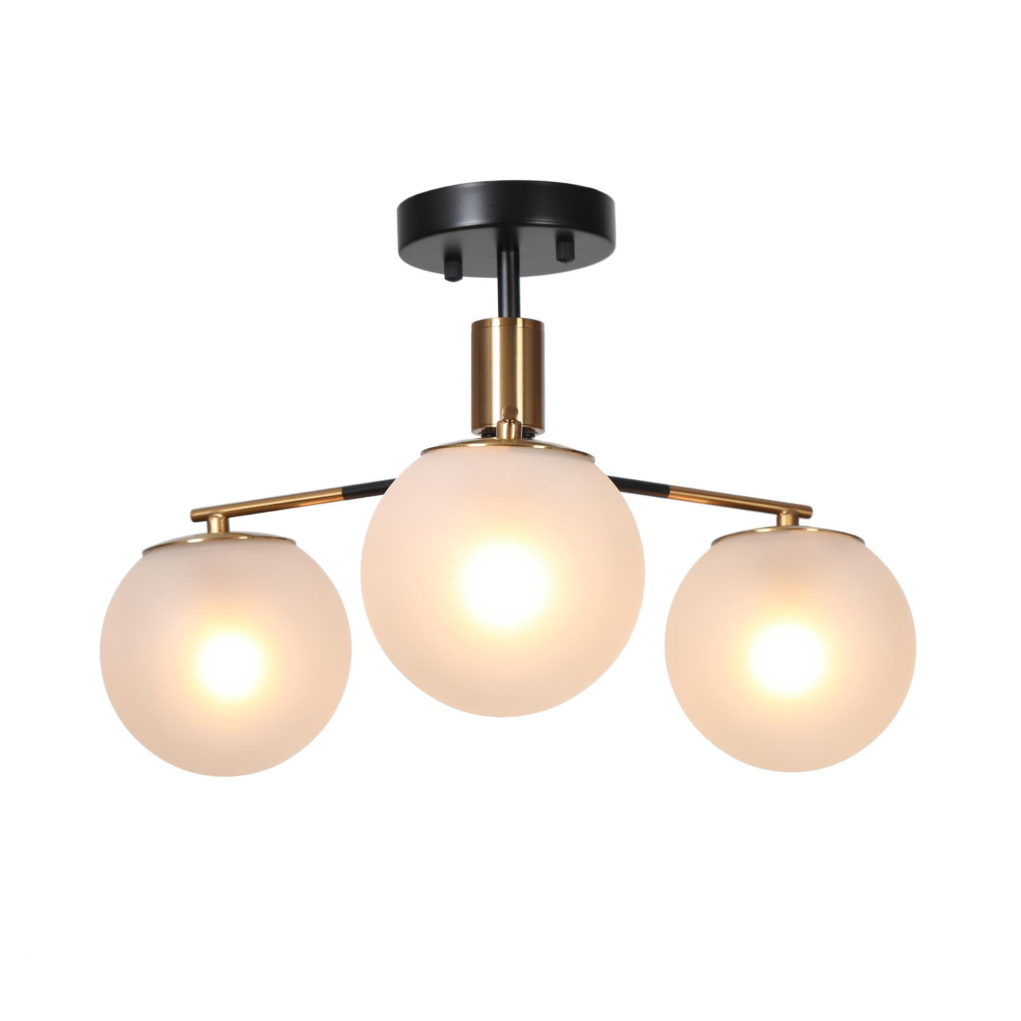Modern 19" Matte Black and Brass Semi-Flush Mount with Frosted Glass Globes
