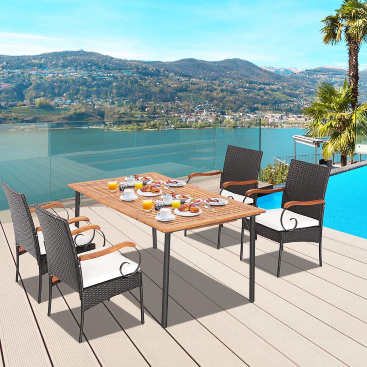GZMR GZ1802-YLWB 5 Pieces Patio Wicker Dining Set with Detachable Cushion and Umbrella Hole 5 -Piece Black Wicker Patio Dining Set Wood Rectangle Table with 4 White Cushions Stationary Chairs