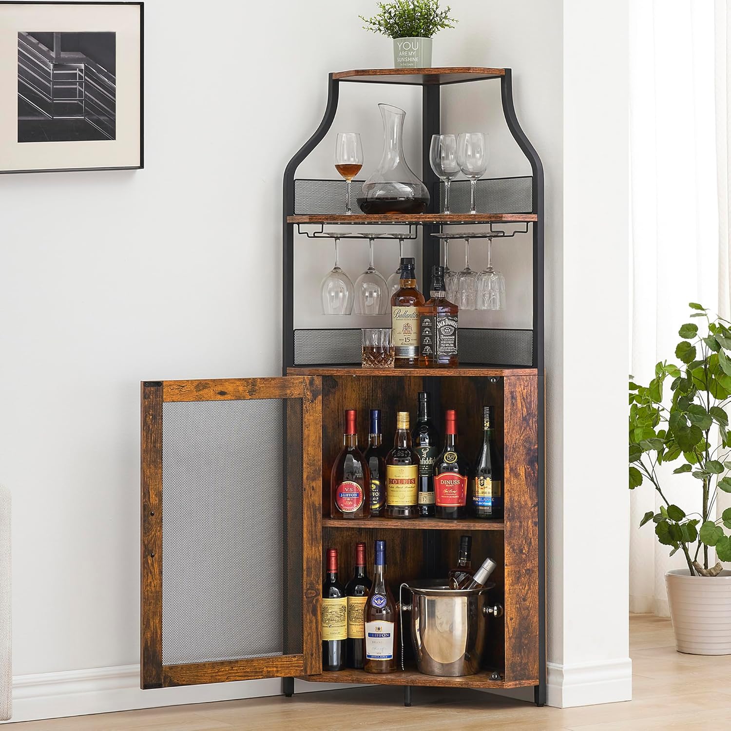 Qeetex LXL-PHO-0WLSJY18 Bar Cabinet Farmhouse Corner Storage Rustic Brown Adjustable Shelf Glass Holder Dining Room Wine Organizer